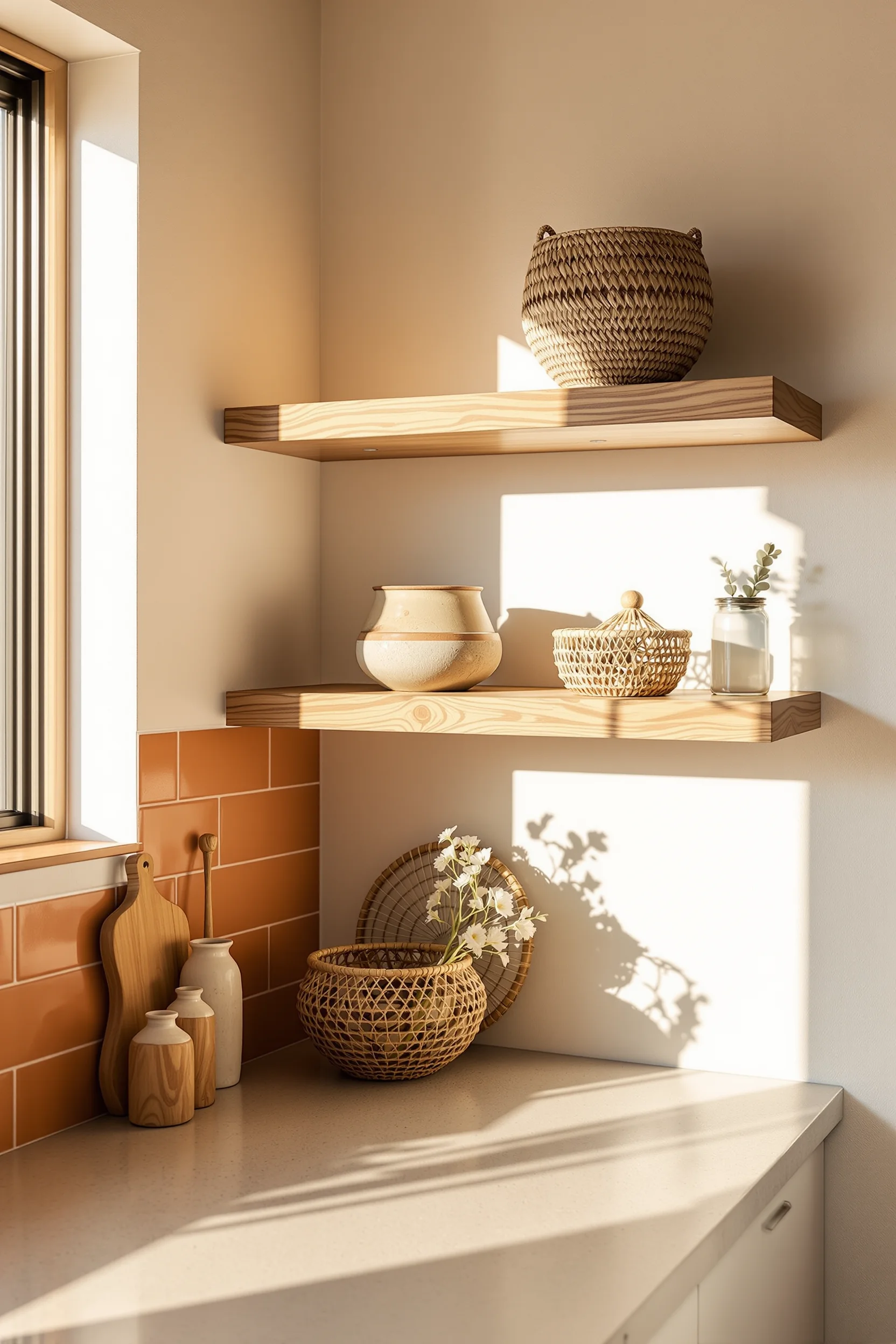 desert aesthetic kitchen designs showcasing floating wood shelf with ceramic bowl and glass jar against white wall