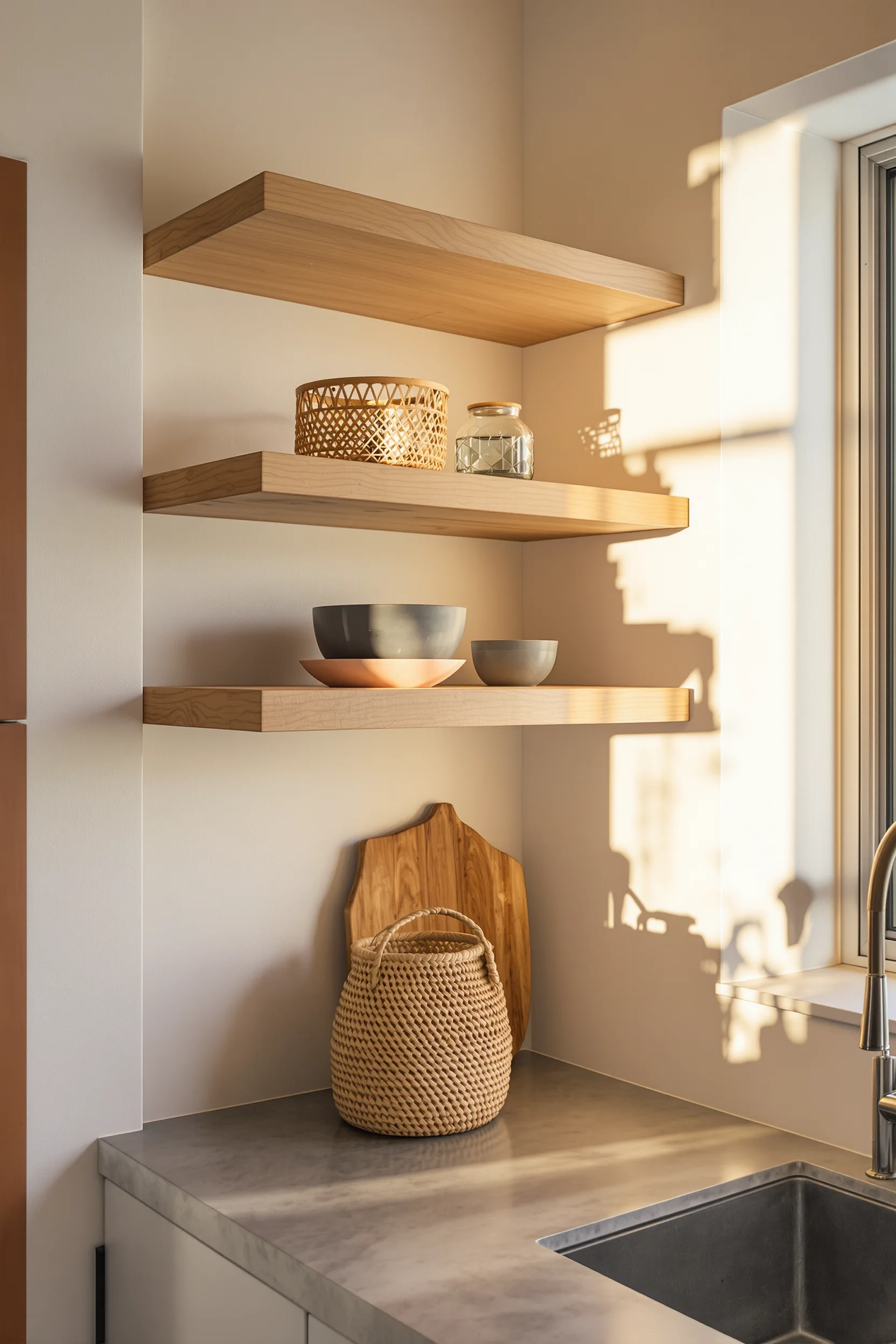 desert aesthetic kitchen ideas featuring open wood shelving with woven basket and terracotta backsplash in warm sunlight