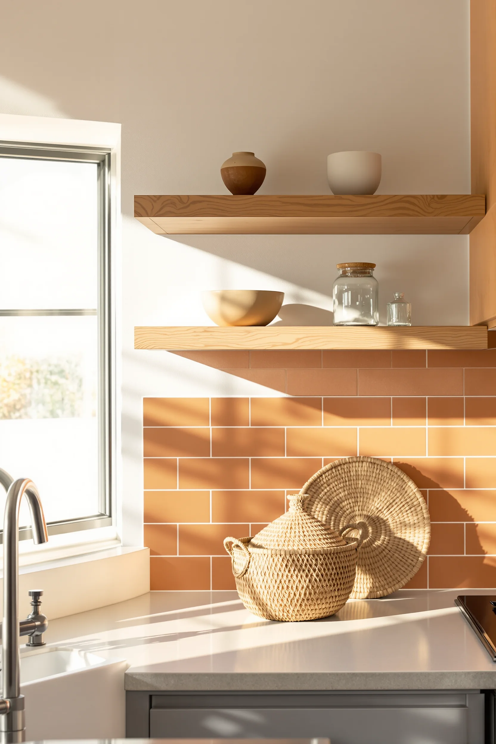 desert aesthetic kitchen inspiration displaying natural wood grain shelf with rattan basket organizer and pottery accents