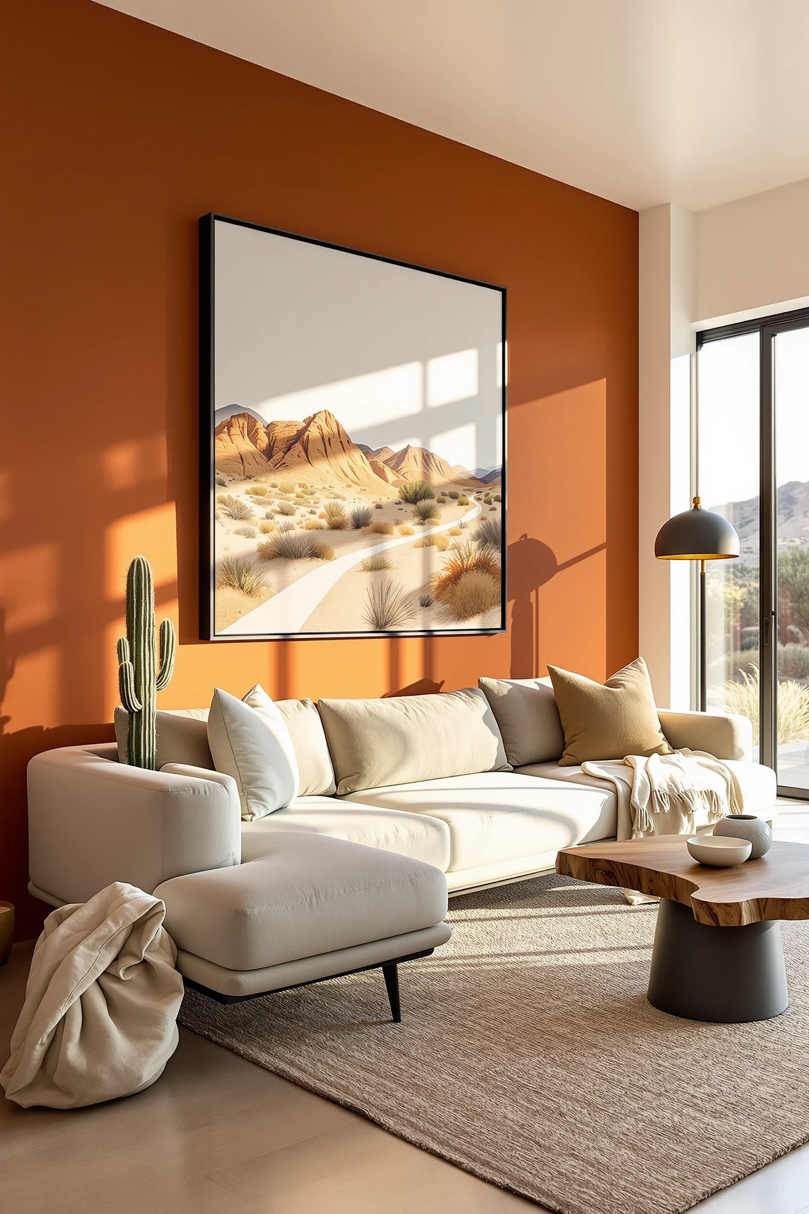 desert aesthetic living room aesthetics highlighting desert landscape artwork in black frame with cream linen throw