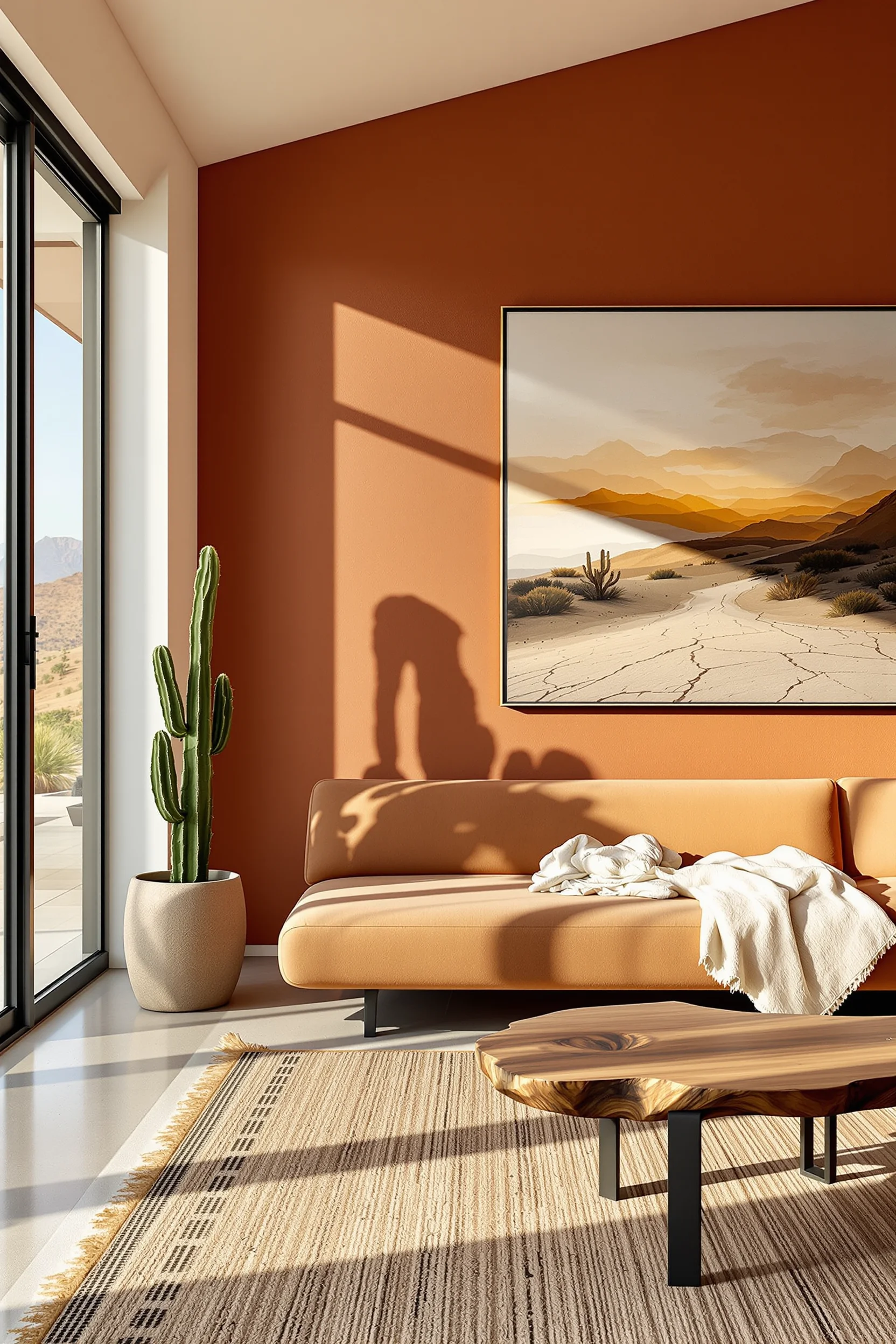 desert aesthetic living room designs showcasing floor to ceiling windows with natural light and sculptural cactus decor