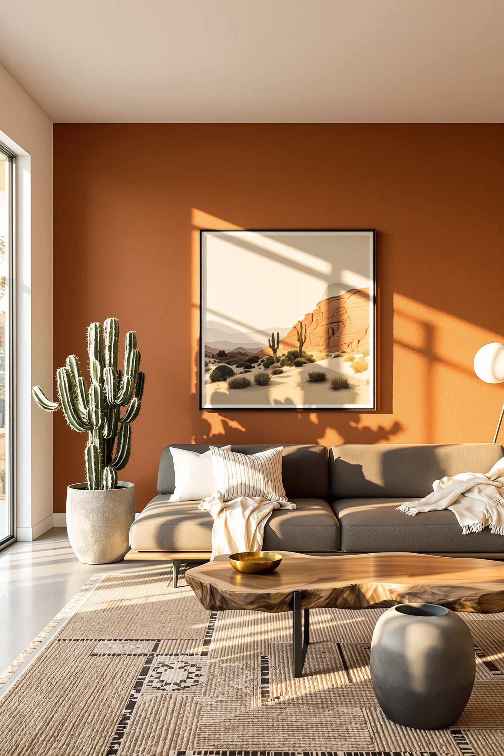 desert aesthetic living room ideas featuring terracotta accent wall with white ceiling and sand colored modern sofa