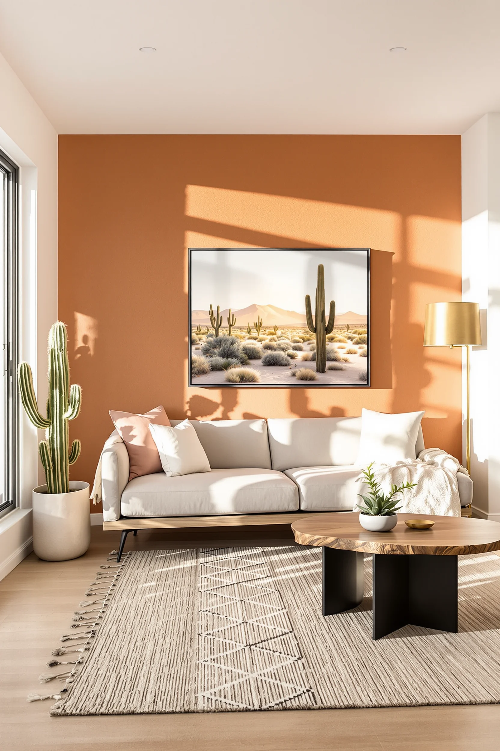 desert aesthetic living room inspiration displaying jute geometric rug with walnut coffee table and brass floor lamp