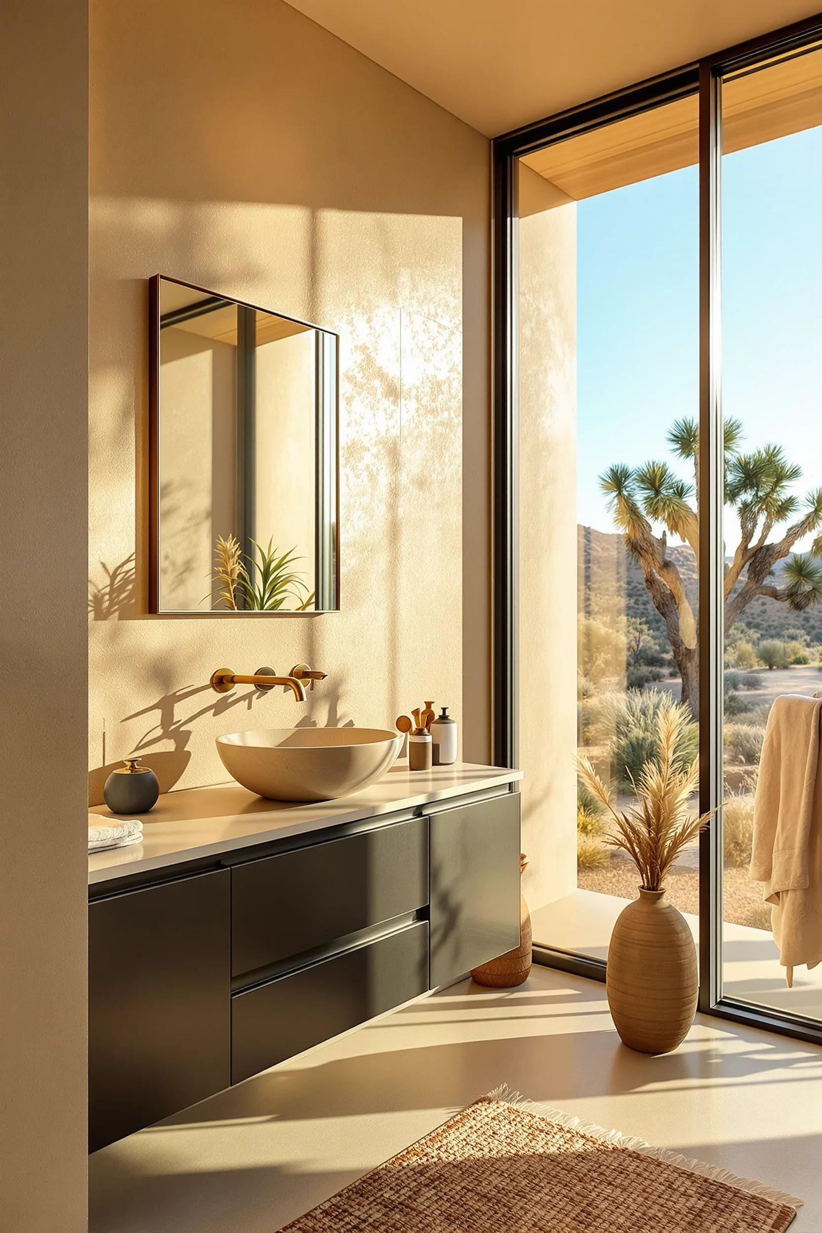 desert bathroom aesthetics highlighting golden afternoon light across concrete floors and natural textures
