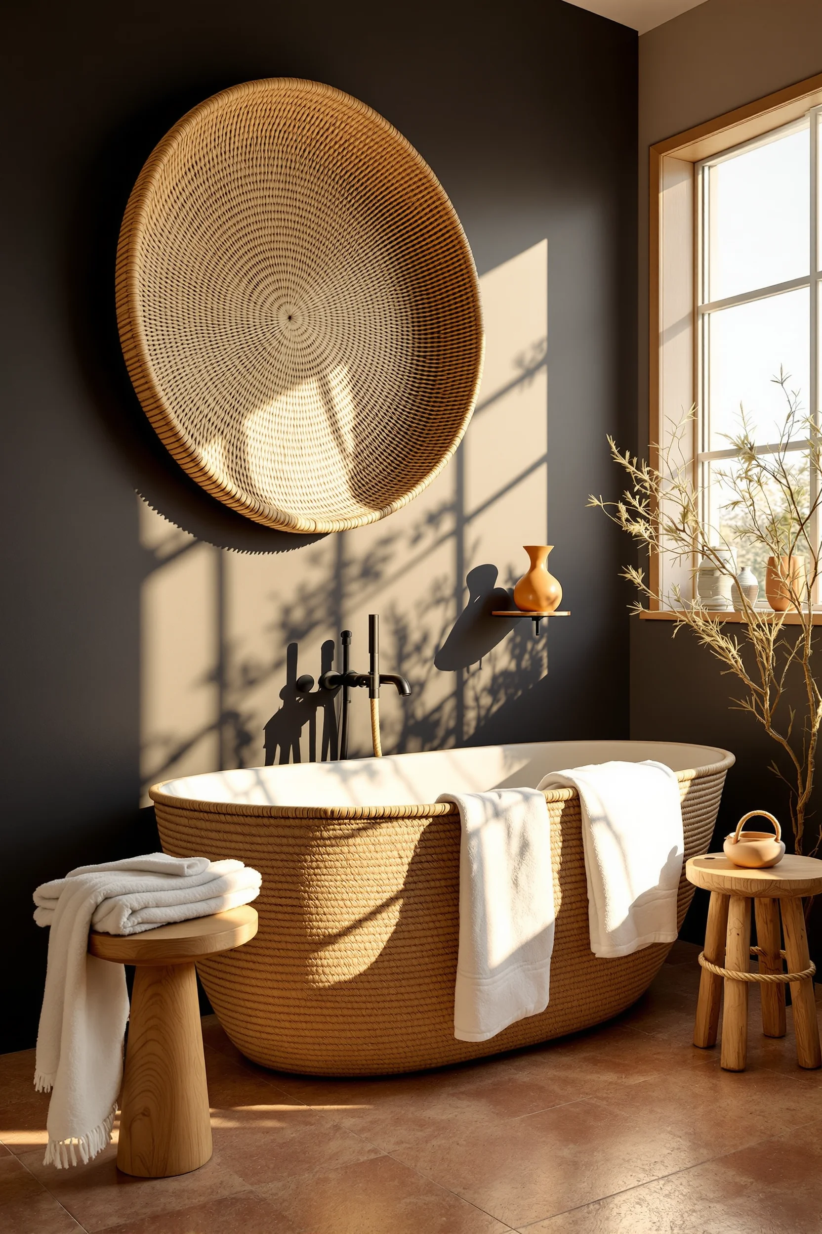 desert bathroom decor ideas featuring oversized woven basket against matte black wall with warm ambient lighting and terracotta flooring