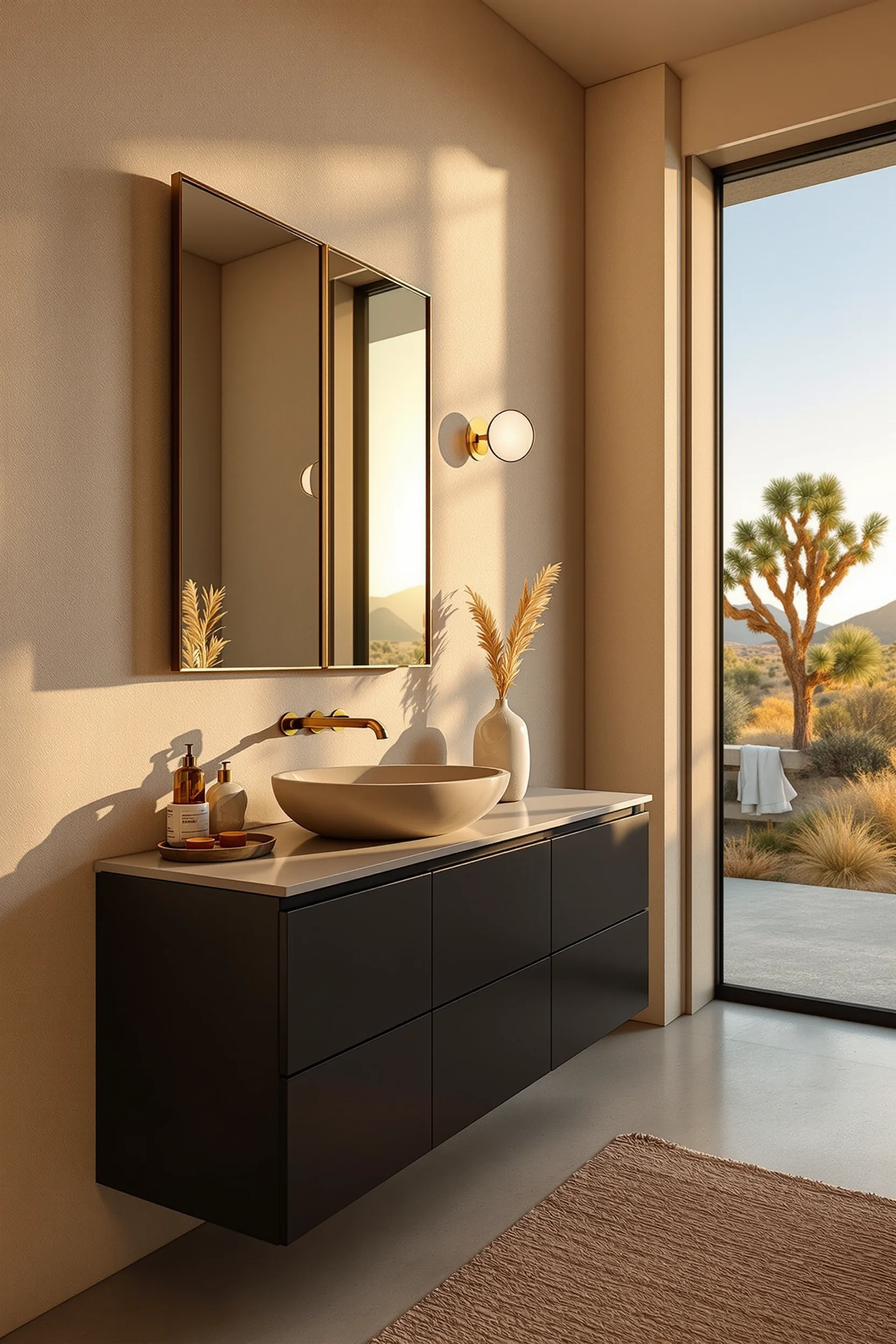 desert bathroom inspiration displaying warm beige plaster walls with sculptural yucca and woven rug