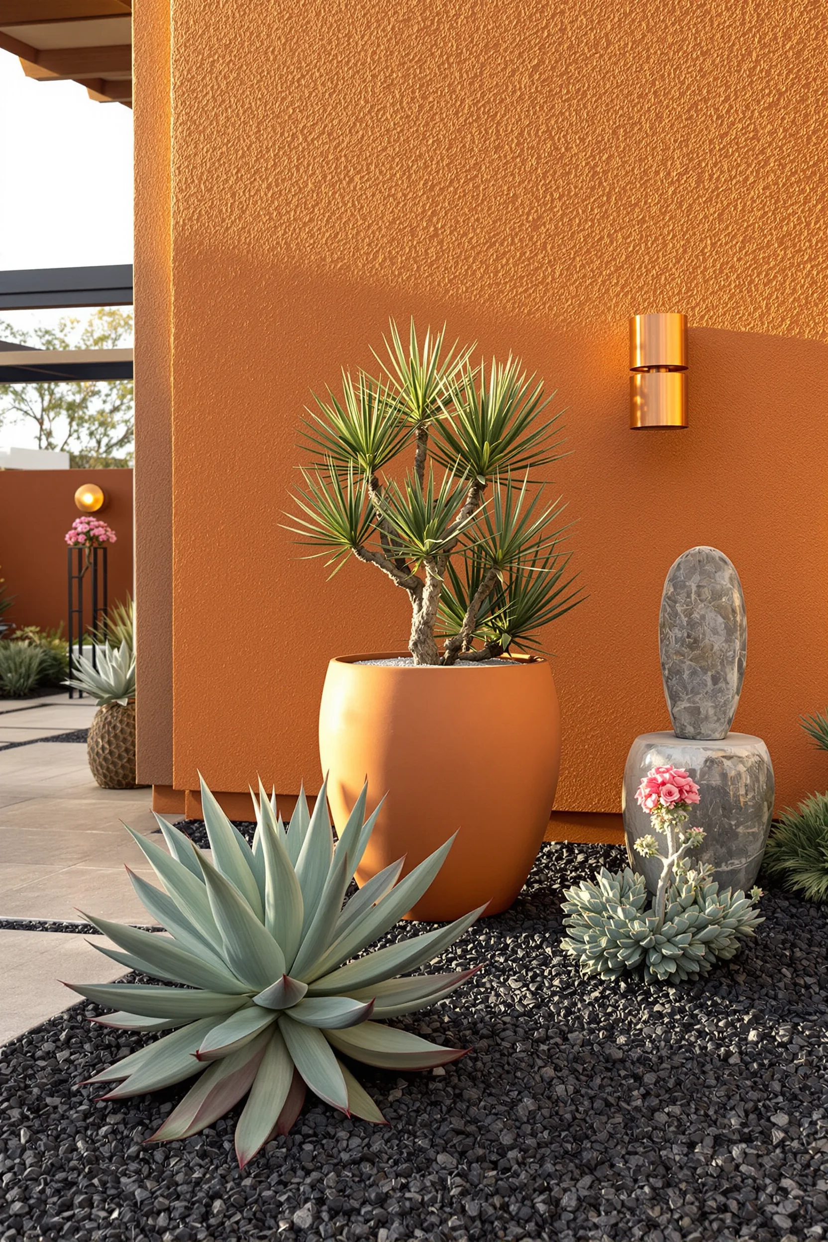desert exterior house aesthetics with dramatic succulent focal point burnt orange stucco and professional landscape composition