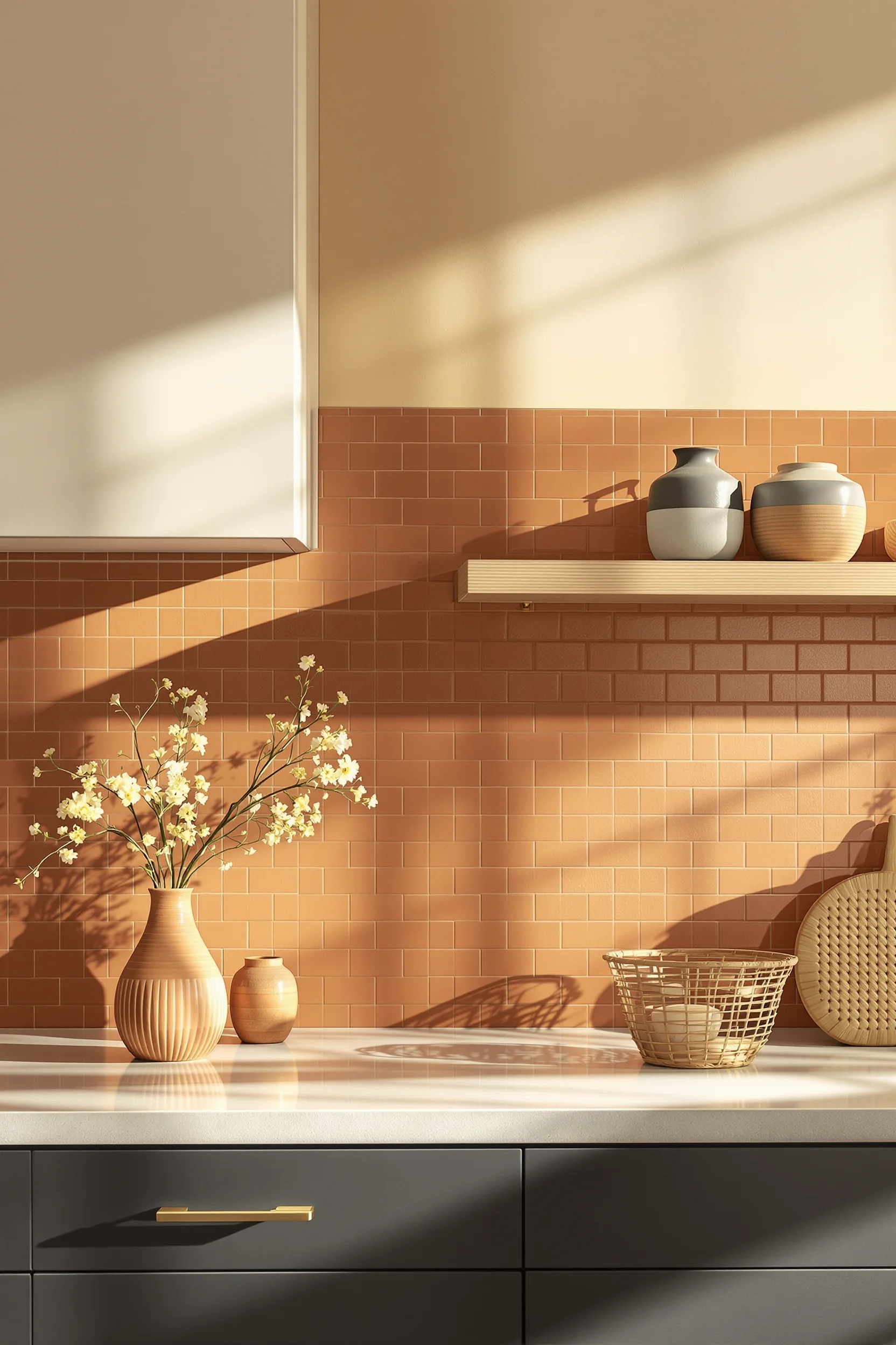 desert home kitchen aesthetics displaying southwest tile work with cream upper cabinets and artisan pottery details