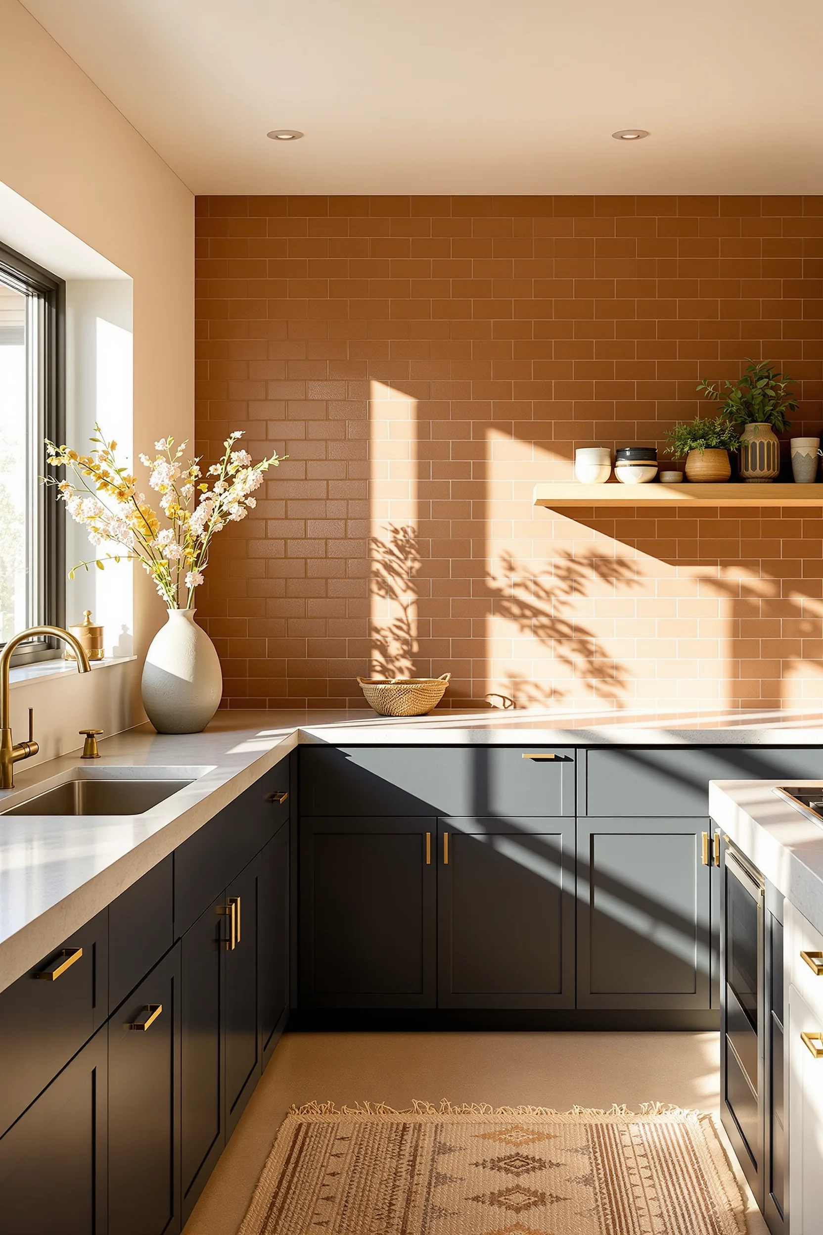 desert home kitchen designs showcasing textured tile wall in warm tones with brass fixture and ceramic vase