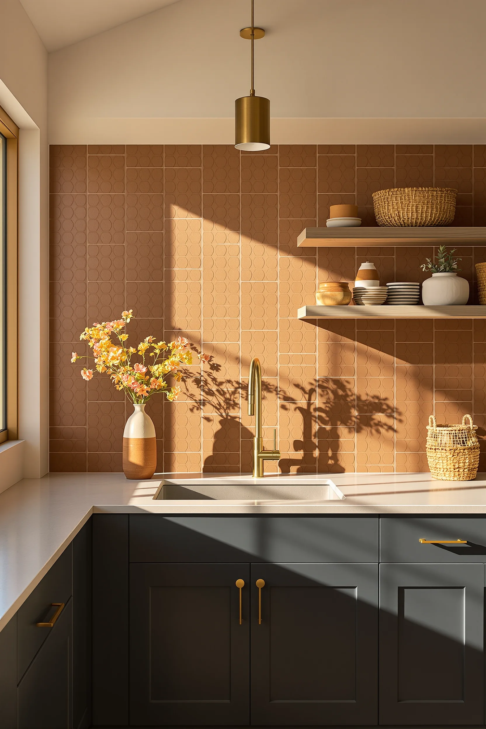 desert home kitchen ideas featuring terracotta clay tile backsplash with charcoal cabinets and golden hour sunlight