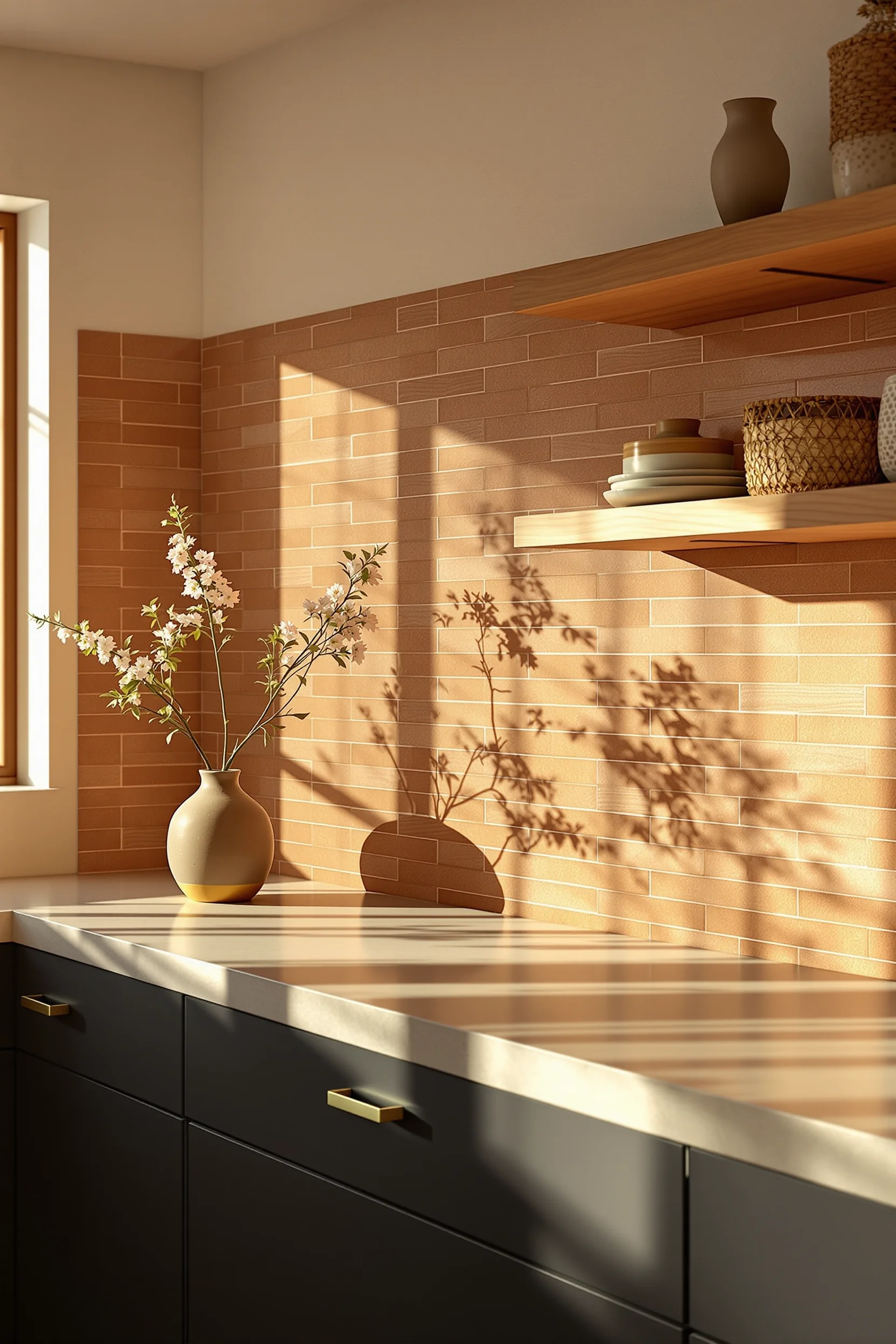 desert home kitchen inspiration with modern boho style clay backsplash and concrete countertops catching natural light