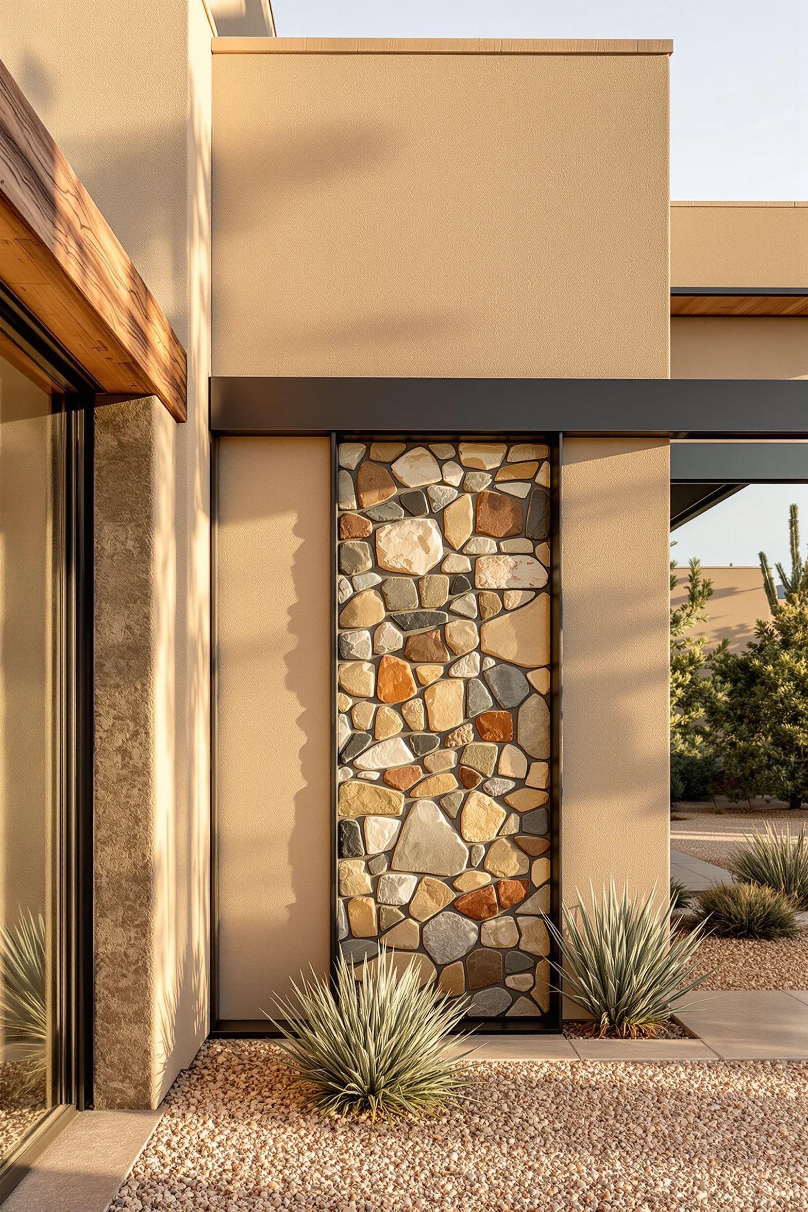 desert homes exterior arizona aesthetics highlighting contemporary metal framing against desert stone with golden hour lighting