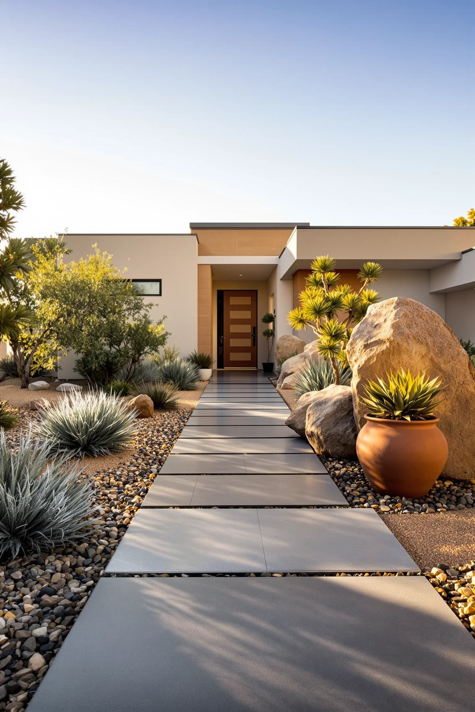 desert house exterior inspiration displaying hand cut stone path with succulent planter and sculptural boulder accents in desert setting