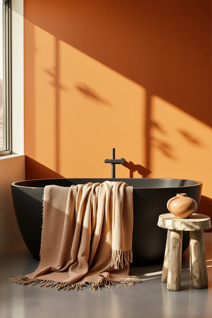 desert inspired bathroom ideas featuring woven textile over black freestanding tub with terracotta walls and golden sunlight