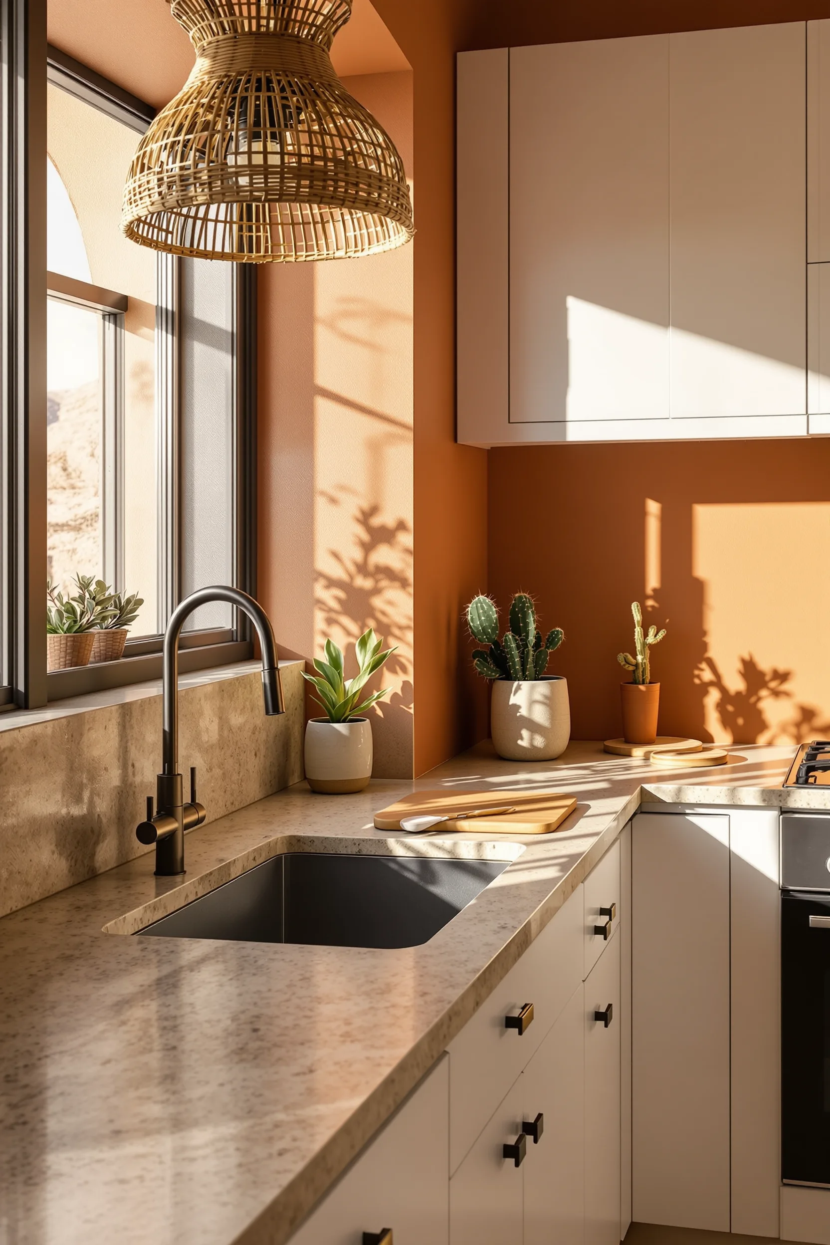 desert inspired kitchen aesthetics featuring golden hour sunlight streaming through window onto natural stone surface with desert plants