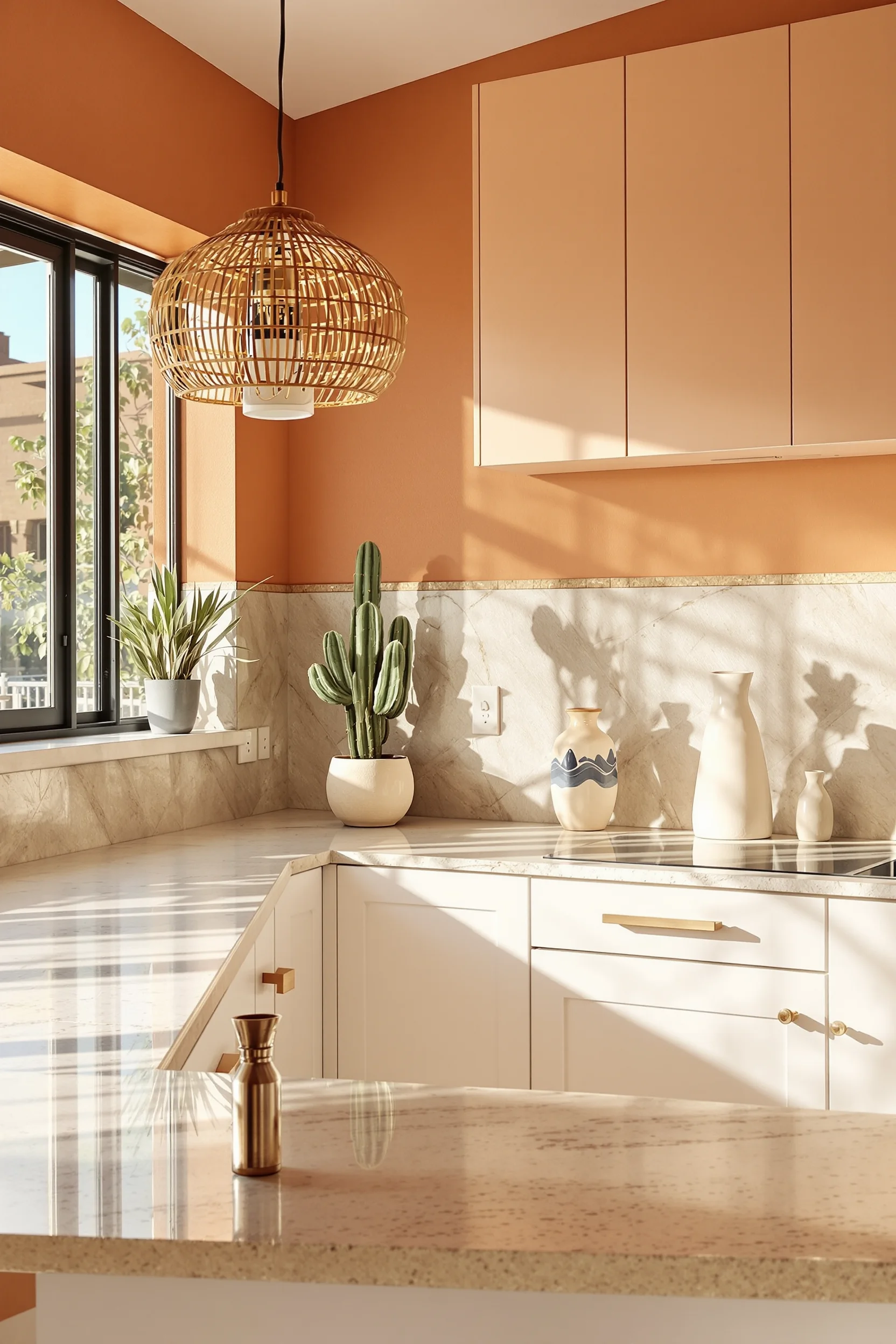 desert inspired kitchen designs showing textured travertine surface with woven rattan pendant light and potted cactus accent