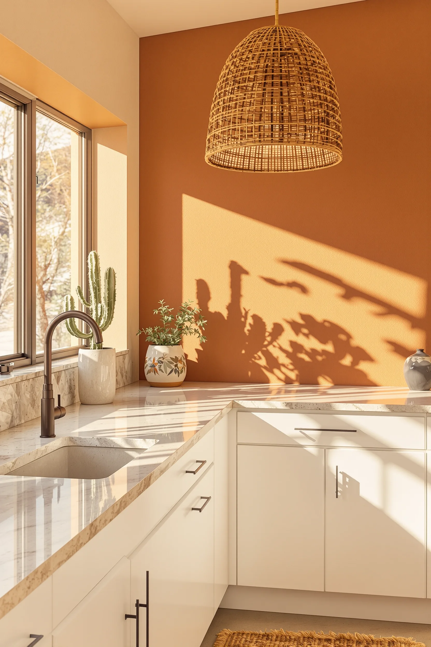 desert inspired kitchen ideas featuring natural stone countertop with warm terracotta walls and bright white cabinets in sunlight
