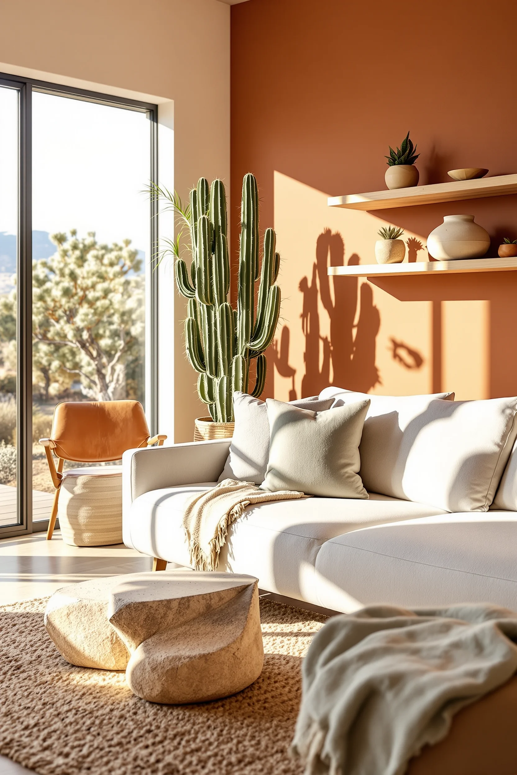 desert inspired living room aesthetics displaying calm neutral palette hand woven textures and modern southwestern furnishings throughout