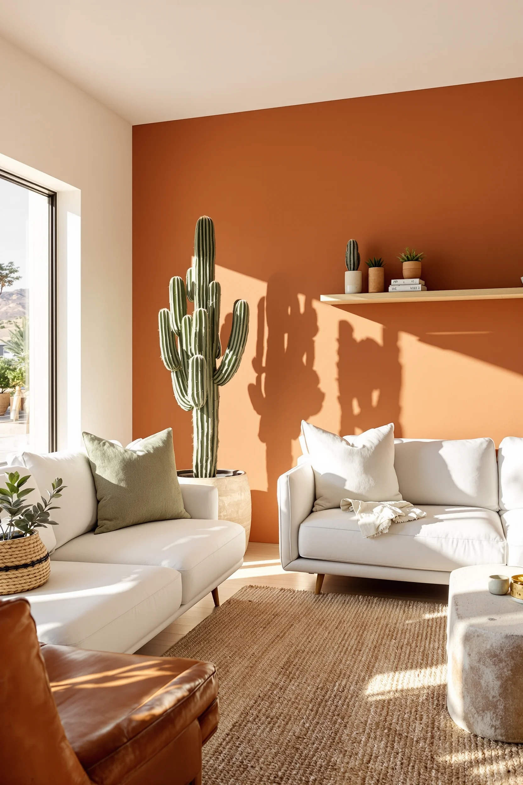 desert inspired living room designs showing warm earthy tones leather armchair organic wood table and floor to ceiling windows