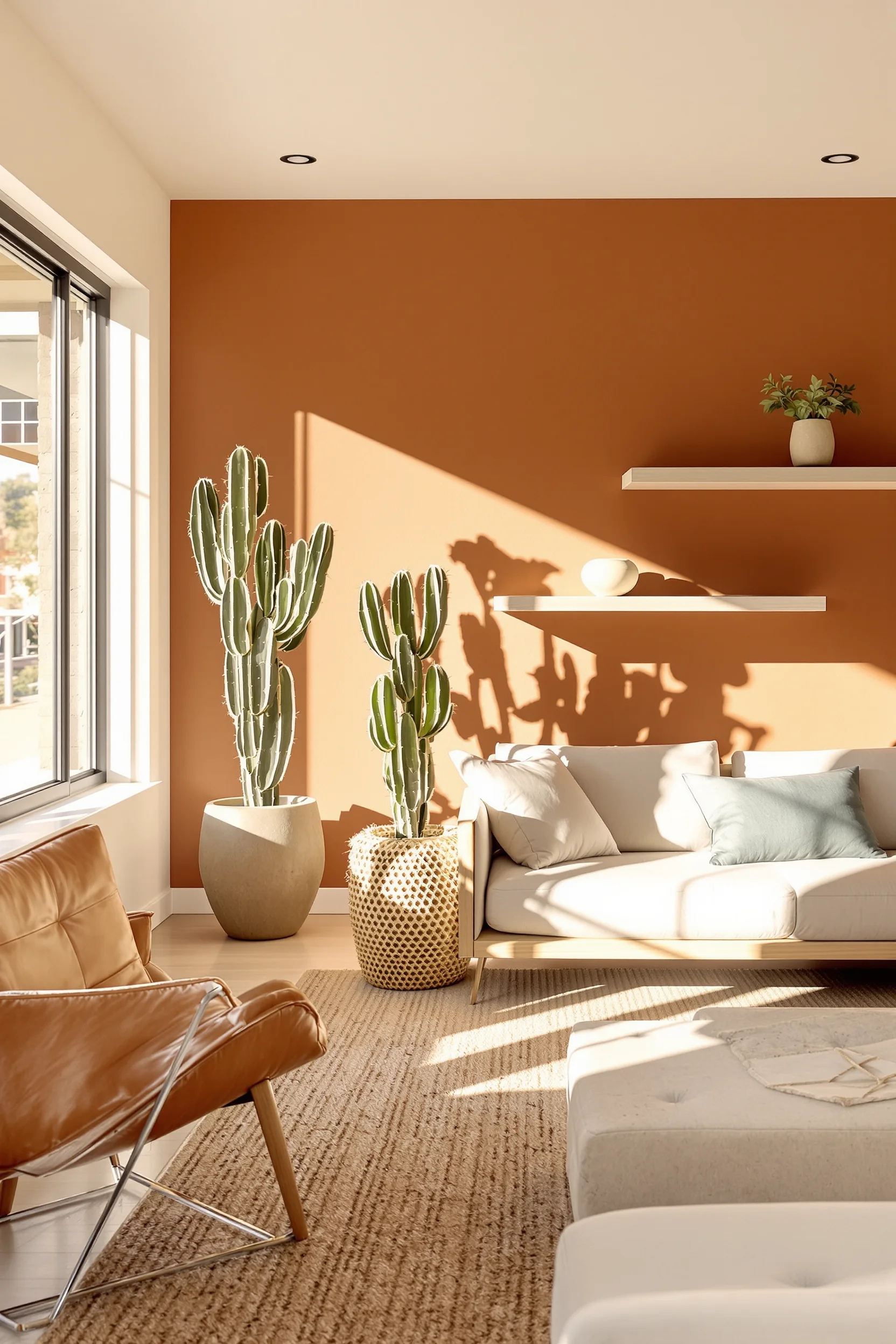 desert inspired living room ideas featuring terracotta accent wall white sofa jute rug and sculptural cactus in sunlight