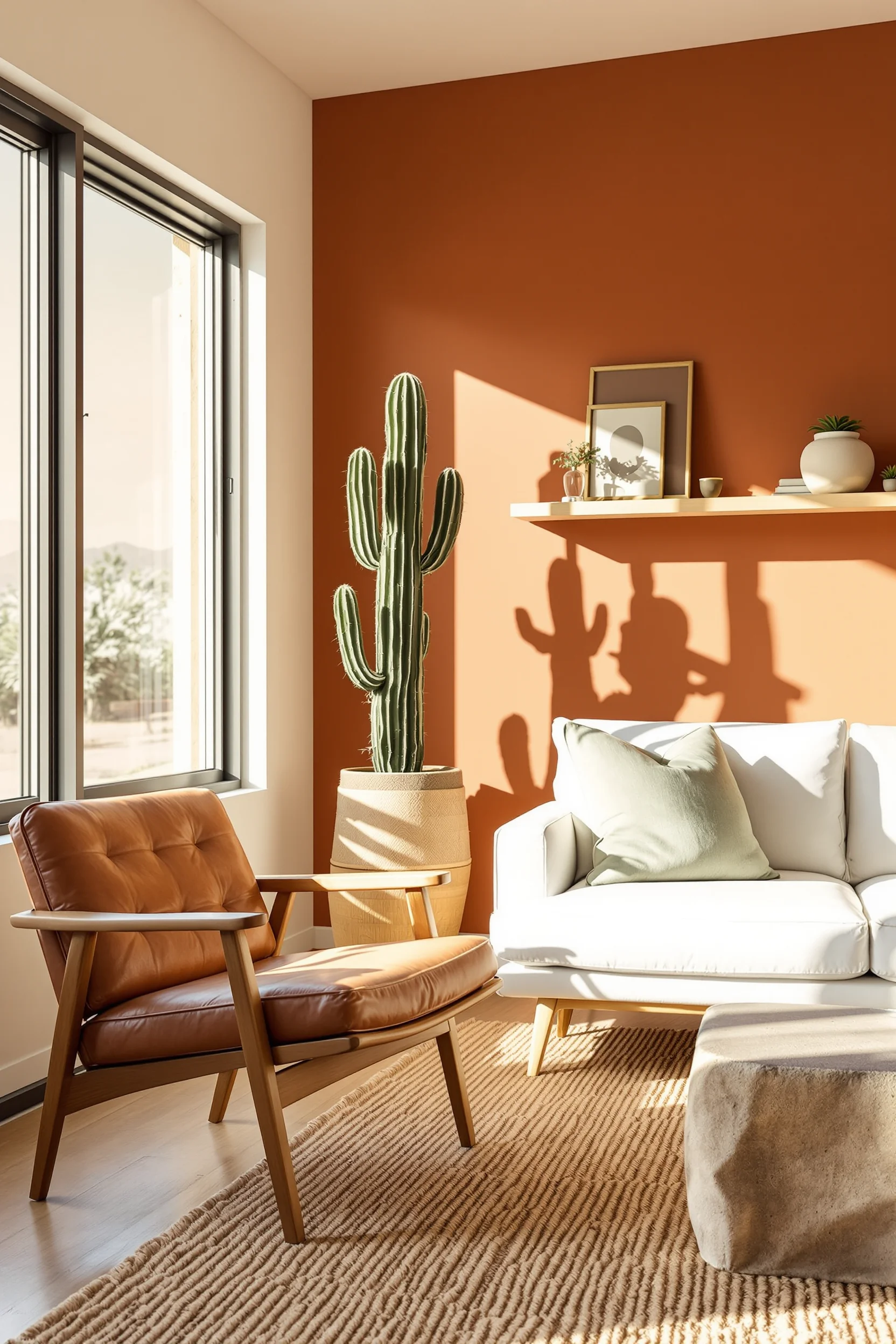 desert inspired living room inspiration with sage pillows minimal oak shelf ceramic planter and golden hour natural lighting
