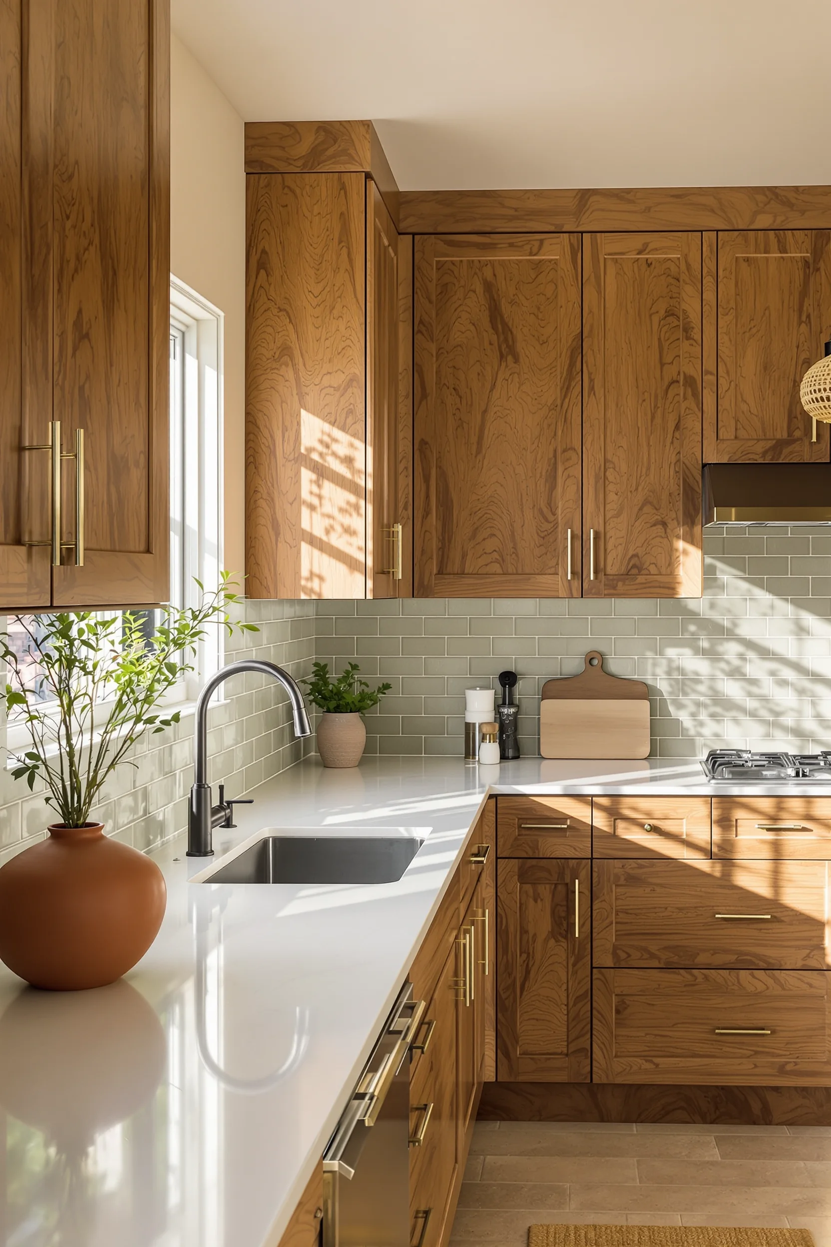 desert kitchen aesthetics highlighting arizona style with sage green tile brass fixtures and terracotta pottery accents