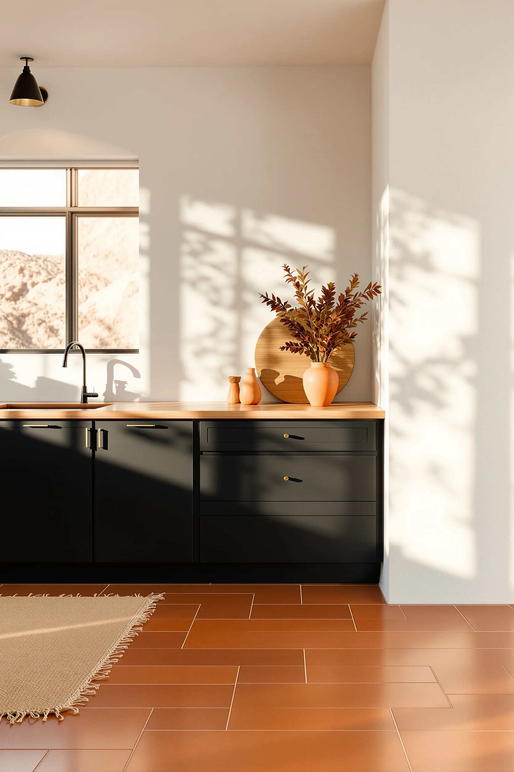 desert kitchen decor aesthetics displaying arizona boho modern style with terracotta flooring black cabinets and golden hour lighting