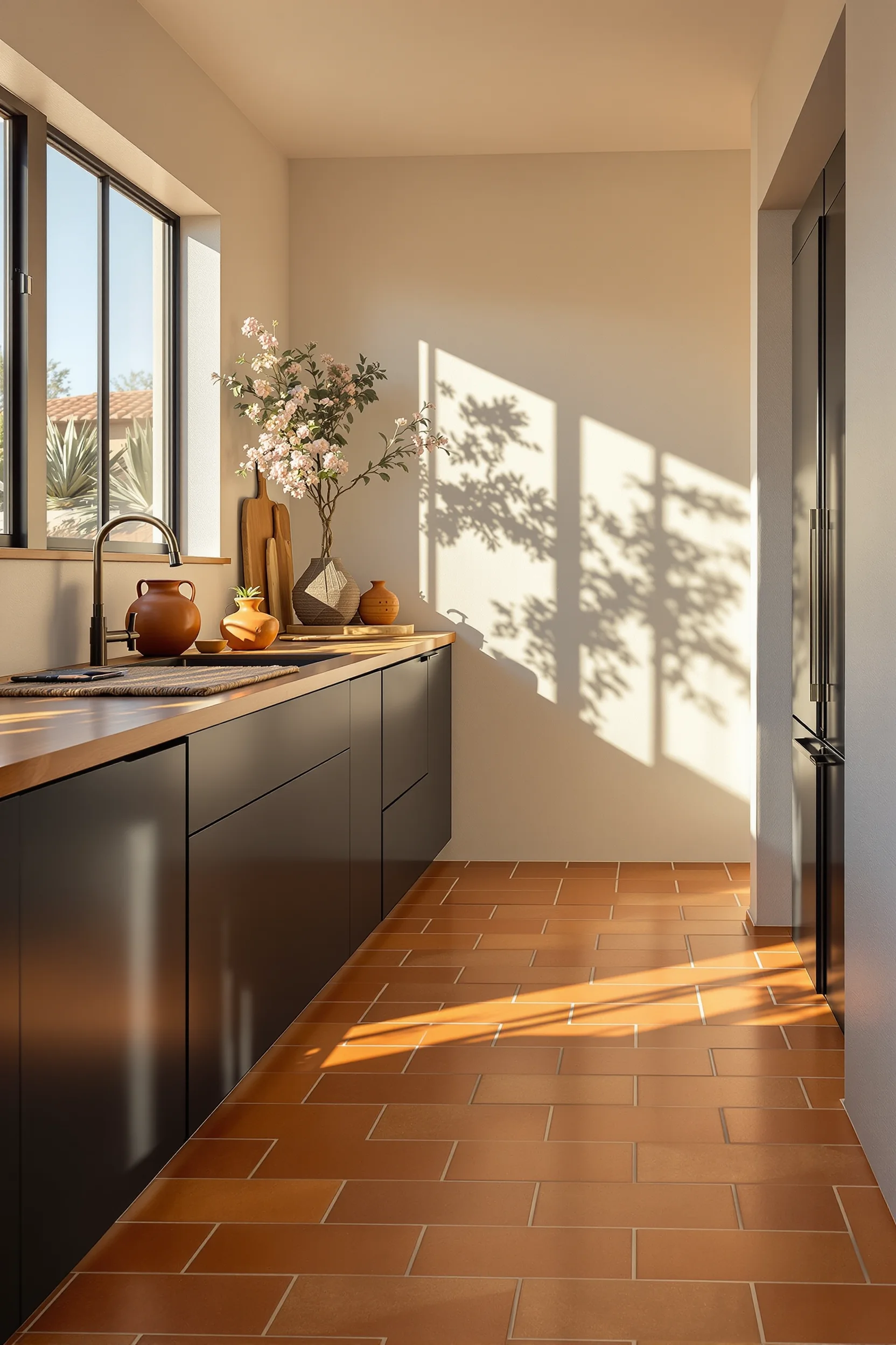 desert kitchen decor designs showing burnt orange floor tiles white plaster walls woven runner and natural wood surfaces