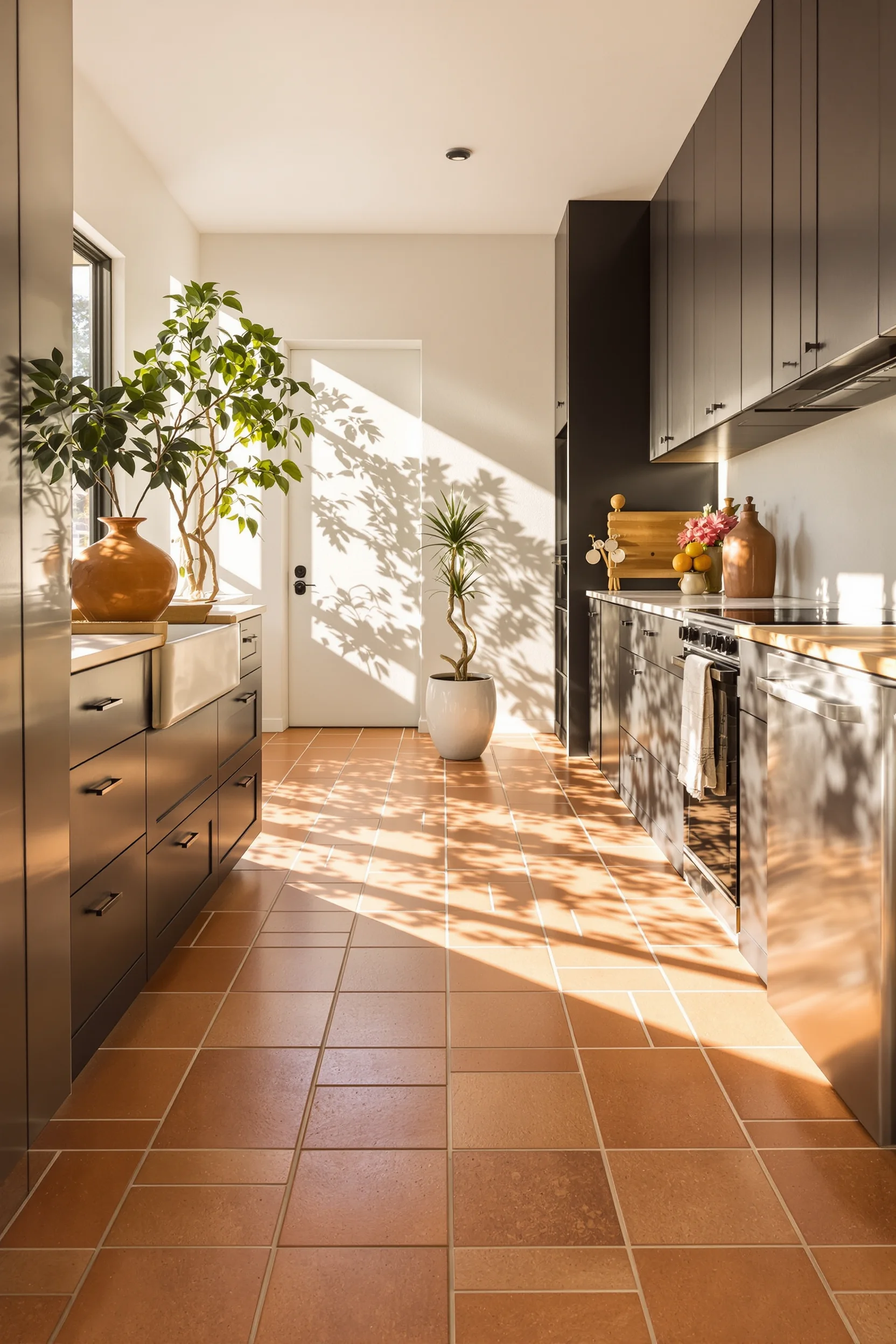 desert kitchen decor ideas featuring terracotta tile floors black matte cabinets clay pot on wood counter with warm sunlight