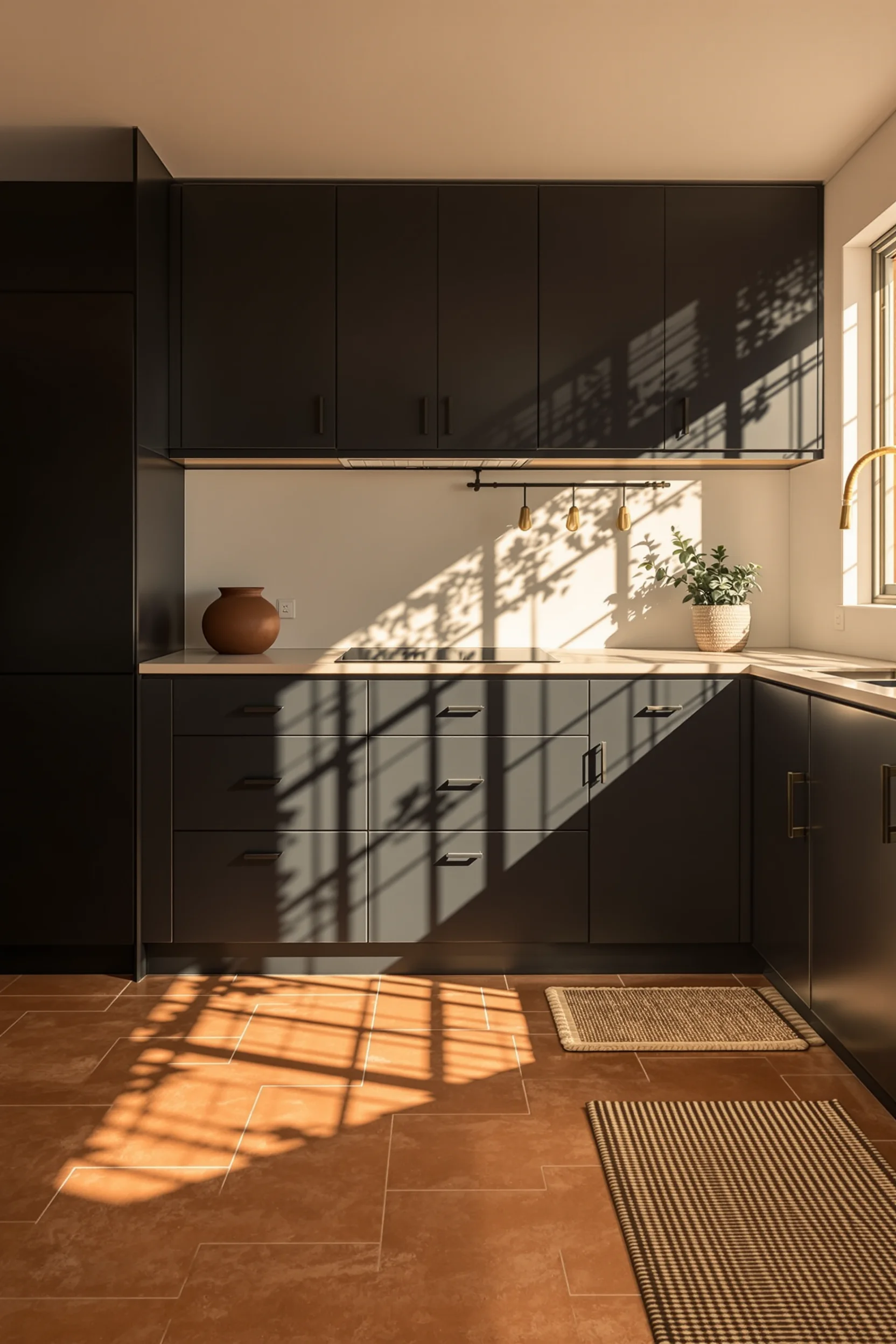 desert kitchen decor inspiration with southwestern style cabinetry handcrafted pottery dramatic window shadows and earthy color palette