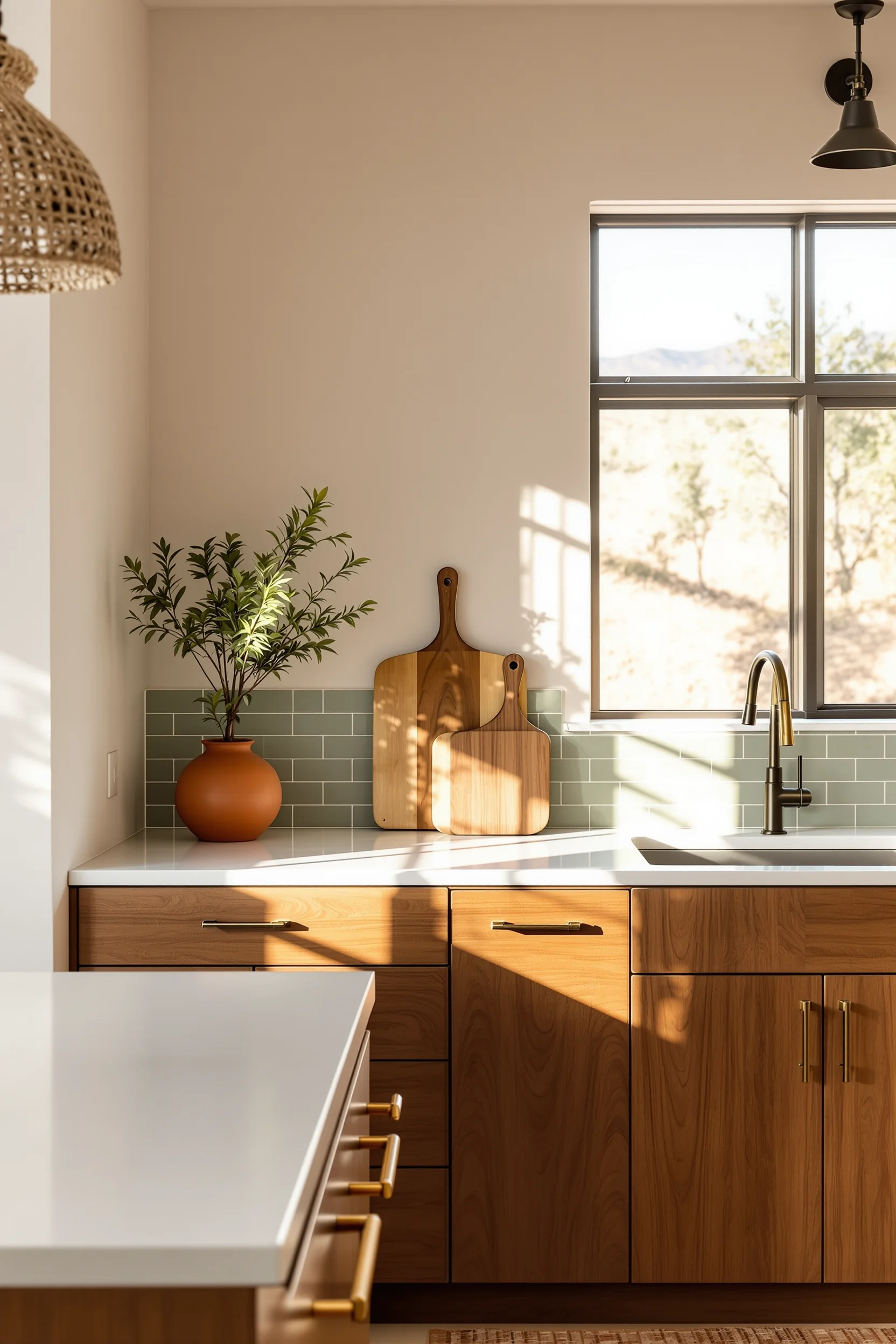 desert kitchen design ideas featuring warm walnut cabinet with white quartz counter and brass hardware in arizona home