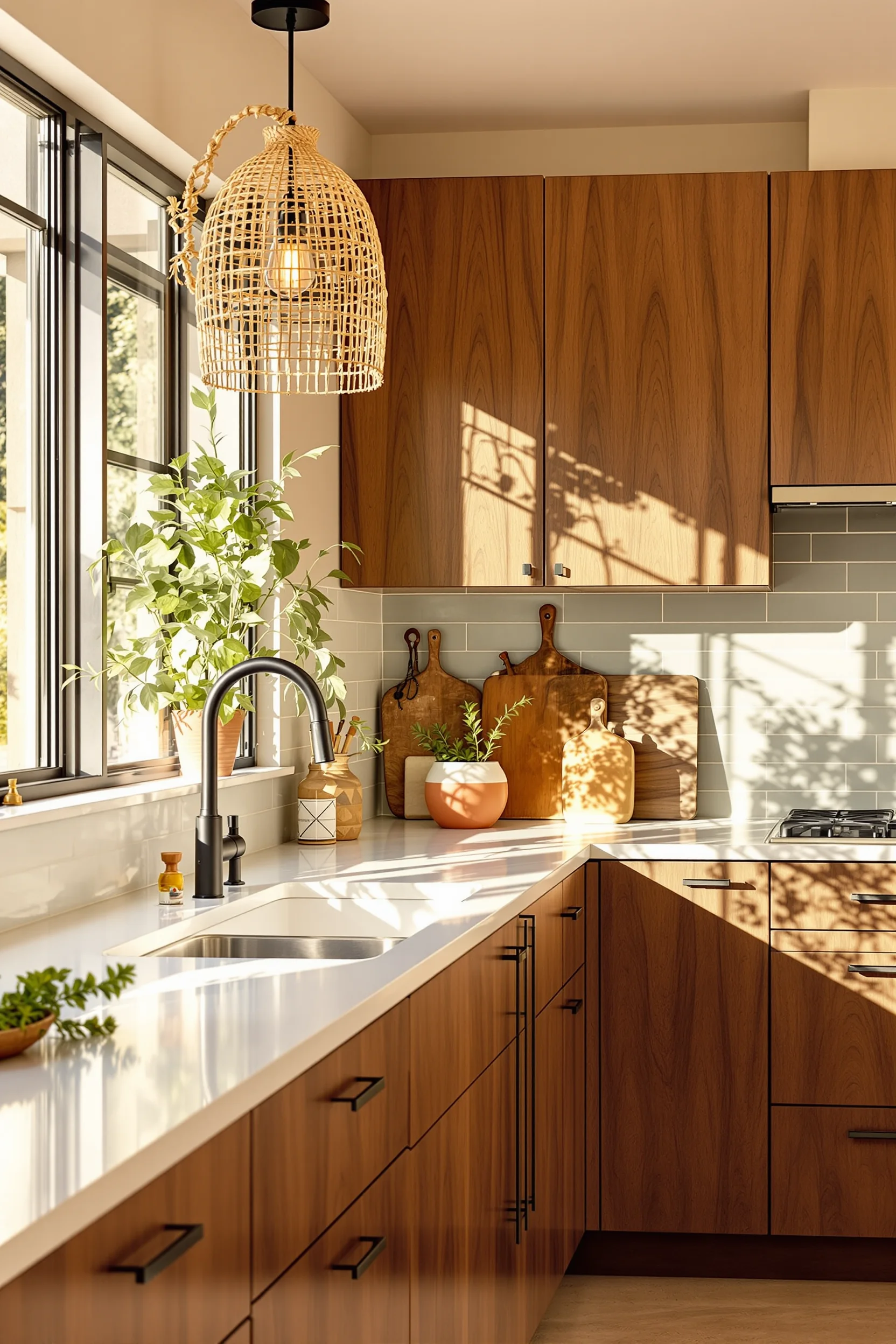 desert kitchen inspiration displaying golden hour lighting on textured wood surfaces with ceramic vessel and pendant light