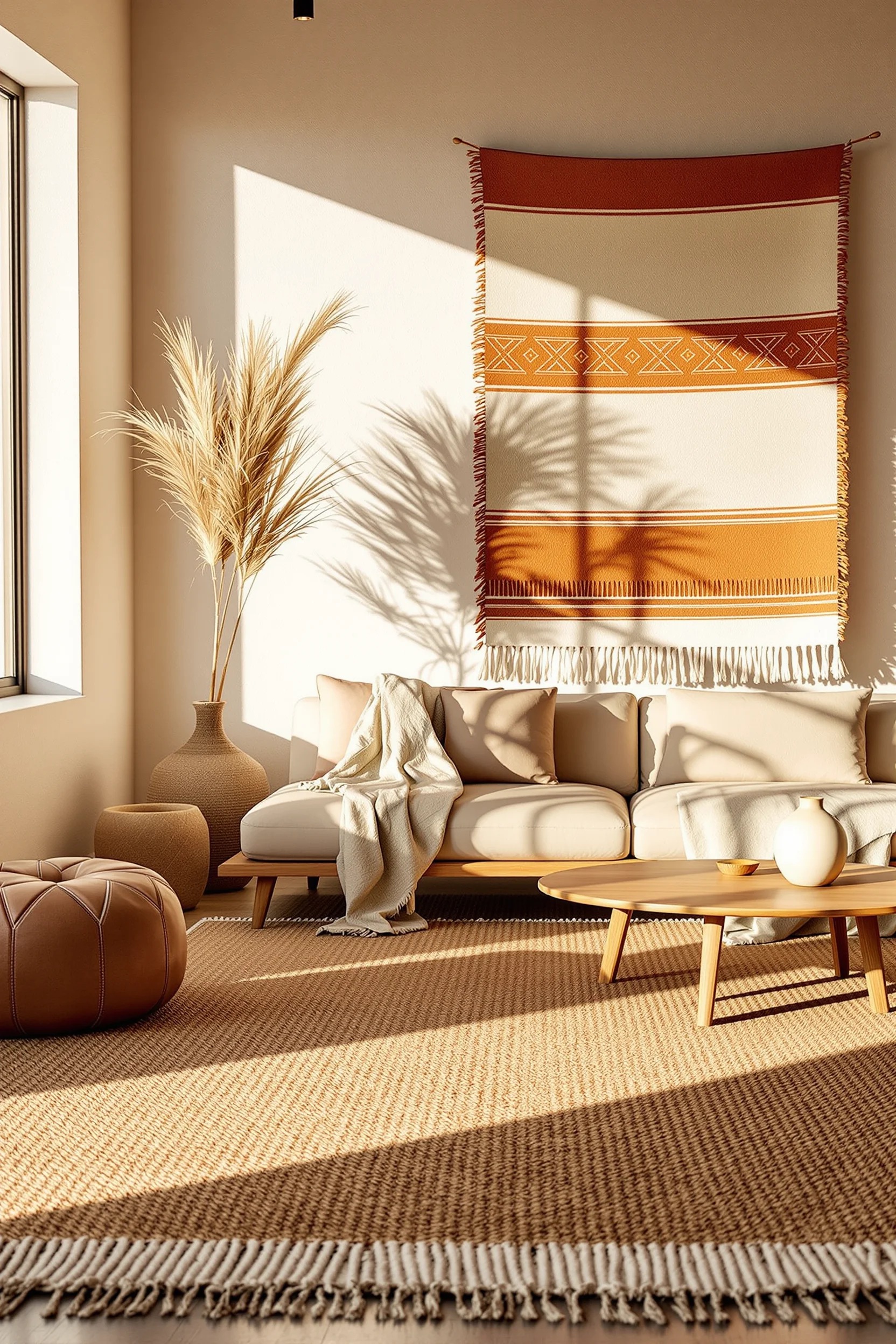 desert living room decor inspiration with oversized patterned rug anchoring seating area leather pouf and sculptural dried palm frond against whitewashed wall