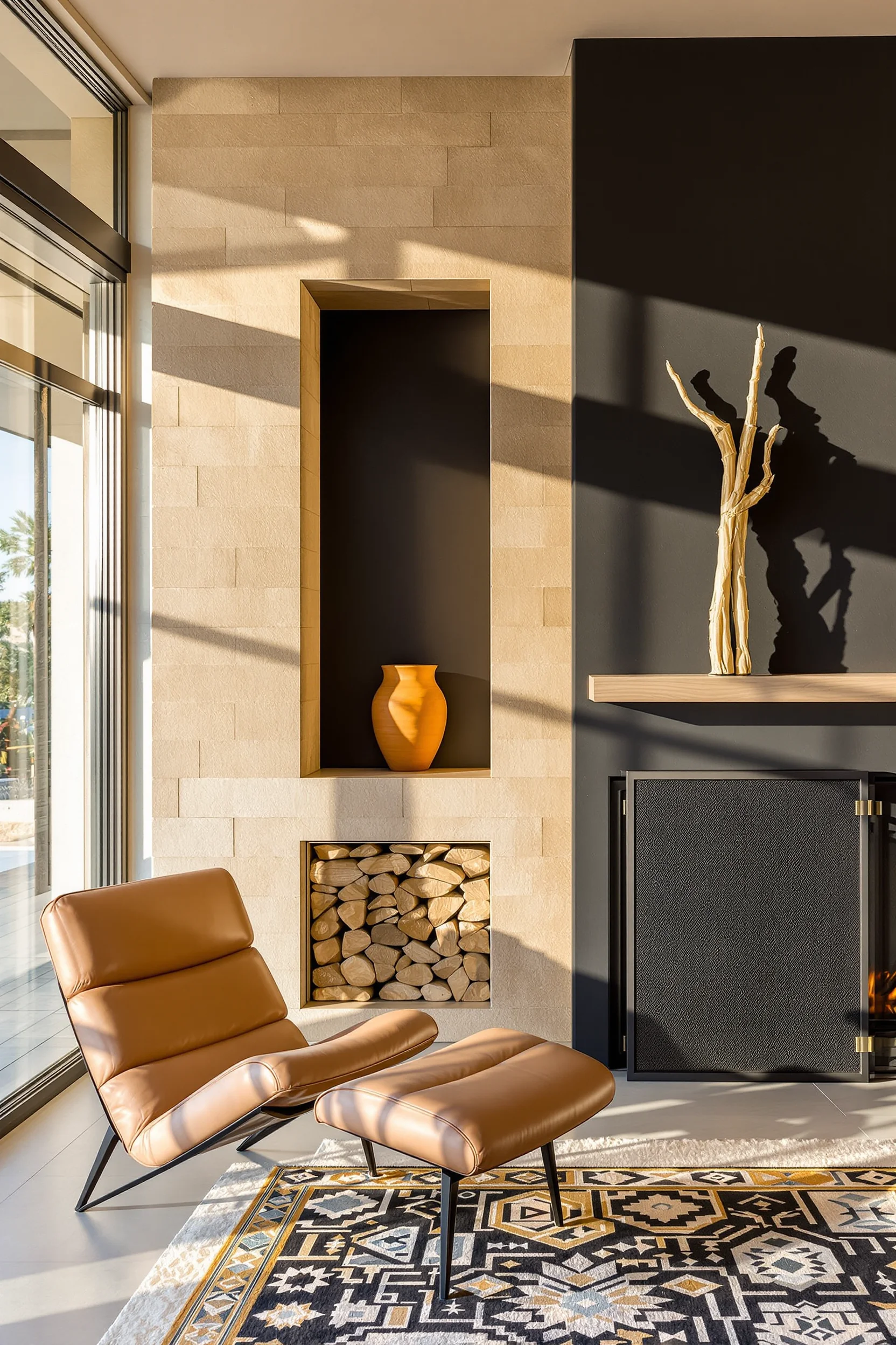 desert living room ideas featuring floor to ceiling stone fireplace with wood storage and leather chair