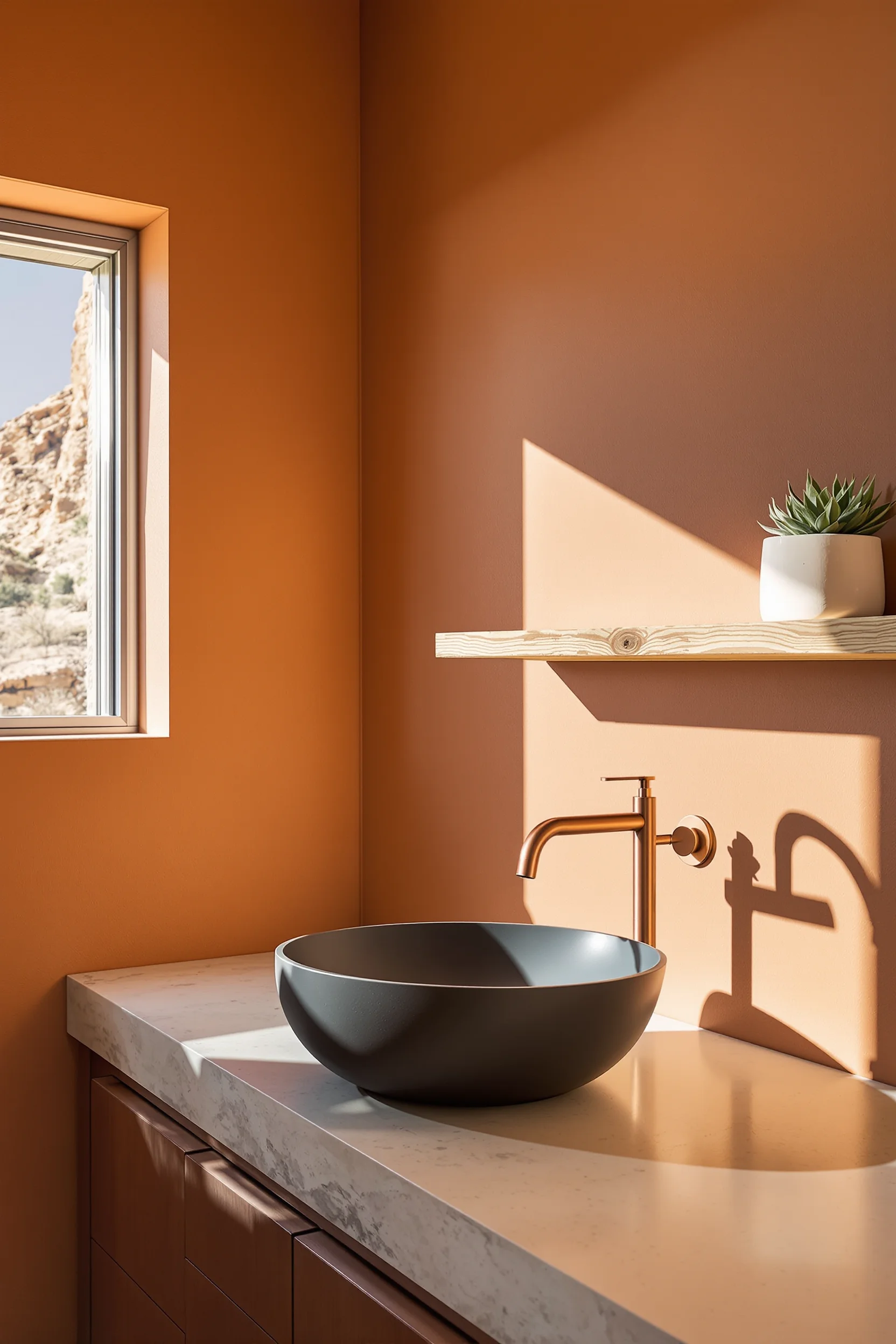 desert modern bathroom designs with copper fixtures floating wood shelf textured adobe plaster wall and polished concrete countertop