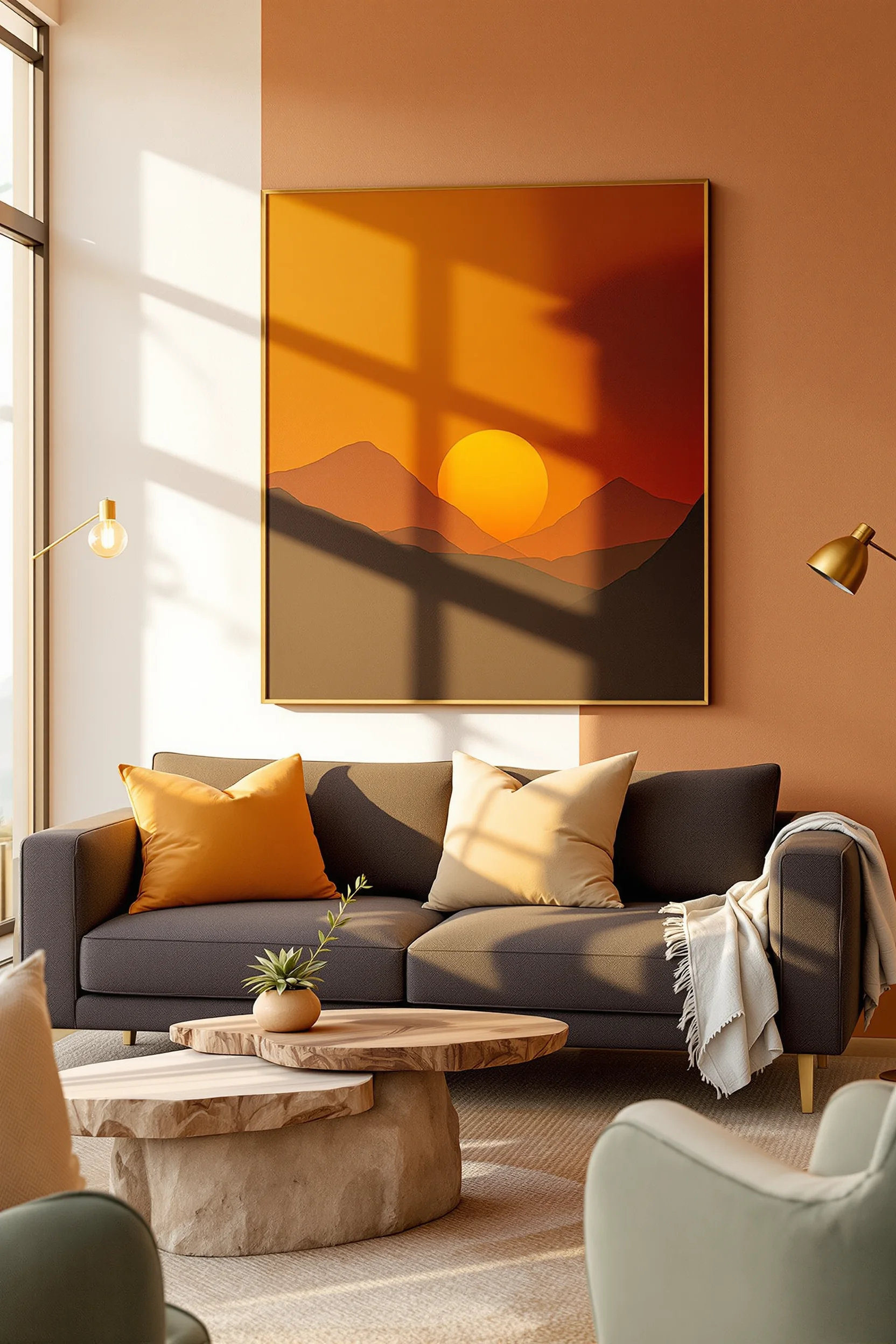 desert modern living room designs showing live edge coffee table with succulent and brass floor lamp warmth