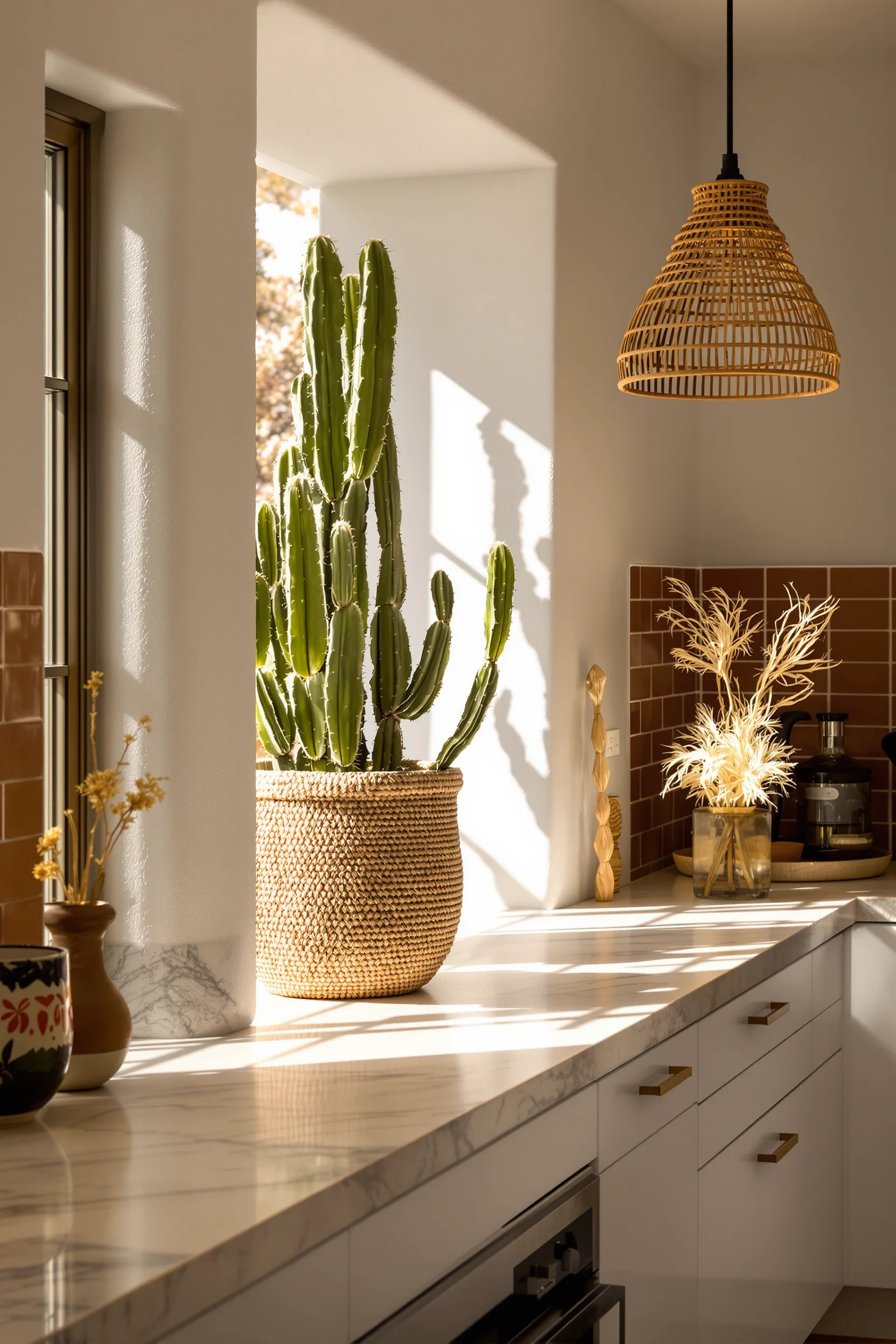 desert outdoor kitchen aesthetics displaying natural textures pampas stem handwoven basket and dramatic window shadows