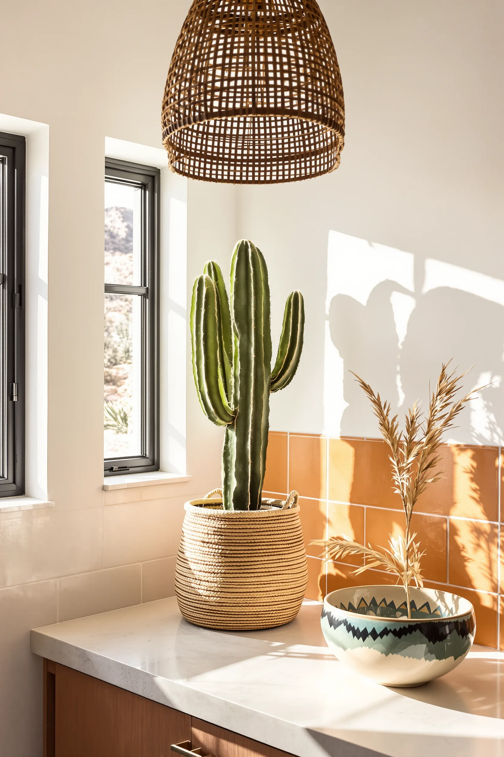 desert outdoor kitchen designs showing bright white walls with warm terracotta tile and woven pendant light in sunlight