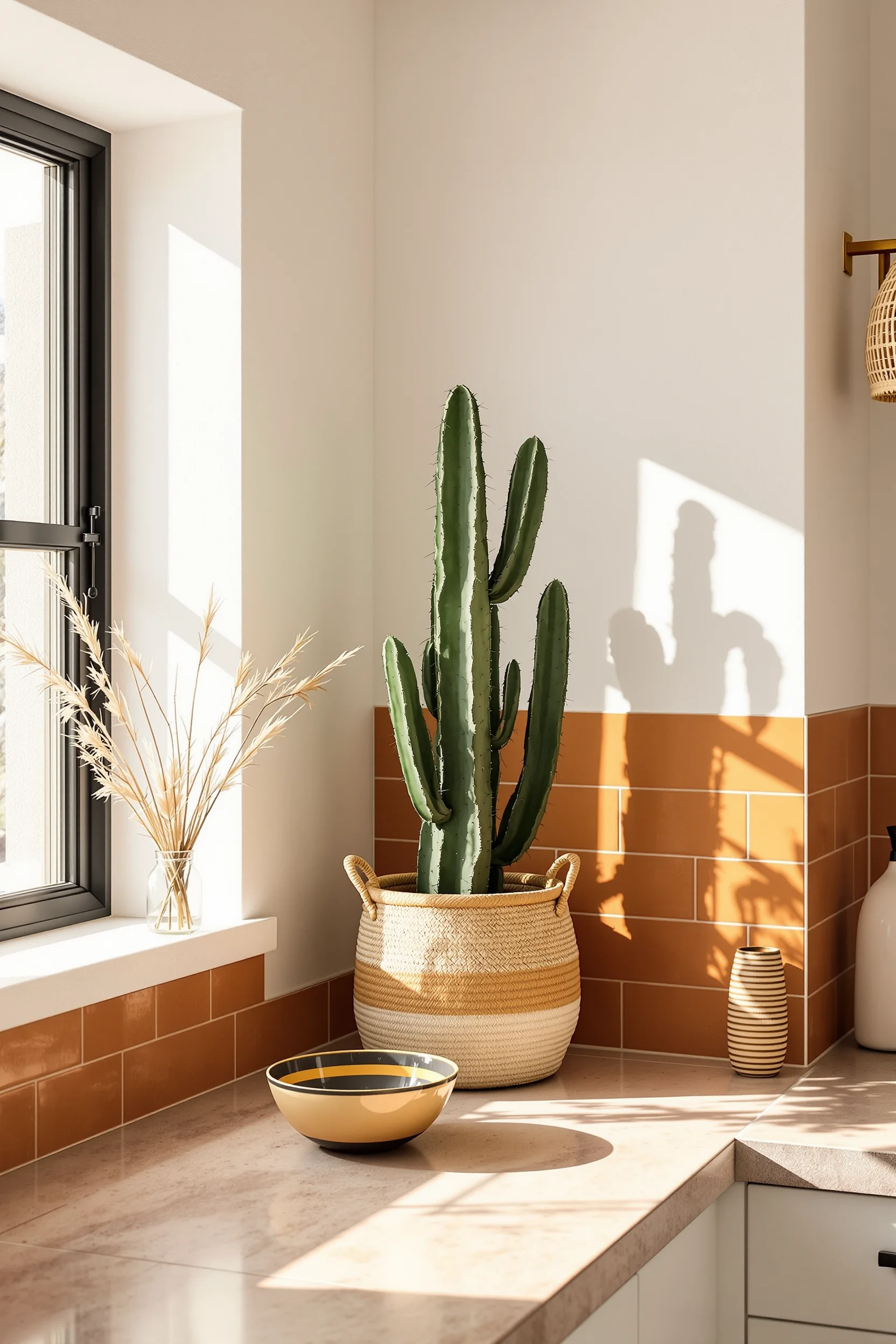 desert outdoor kitchen ideas featuring statement cactus in basket beside window with terracotta backsplash and limestone countertop