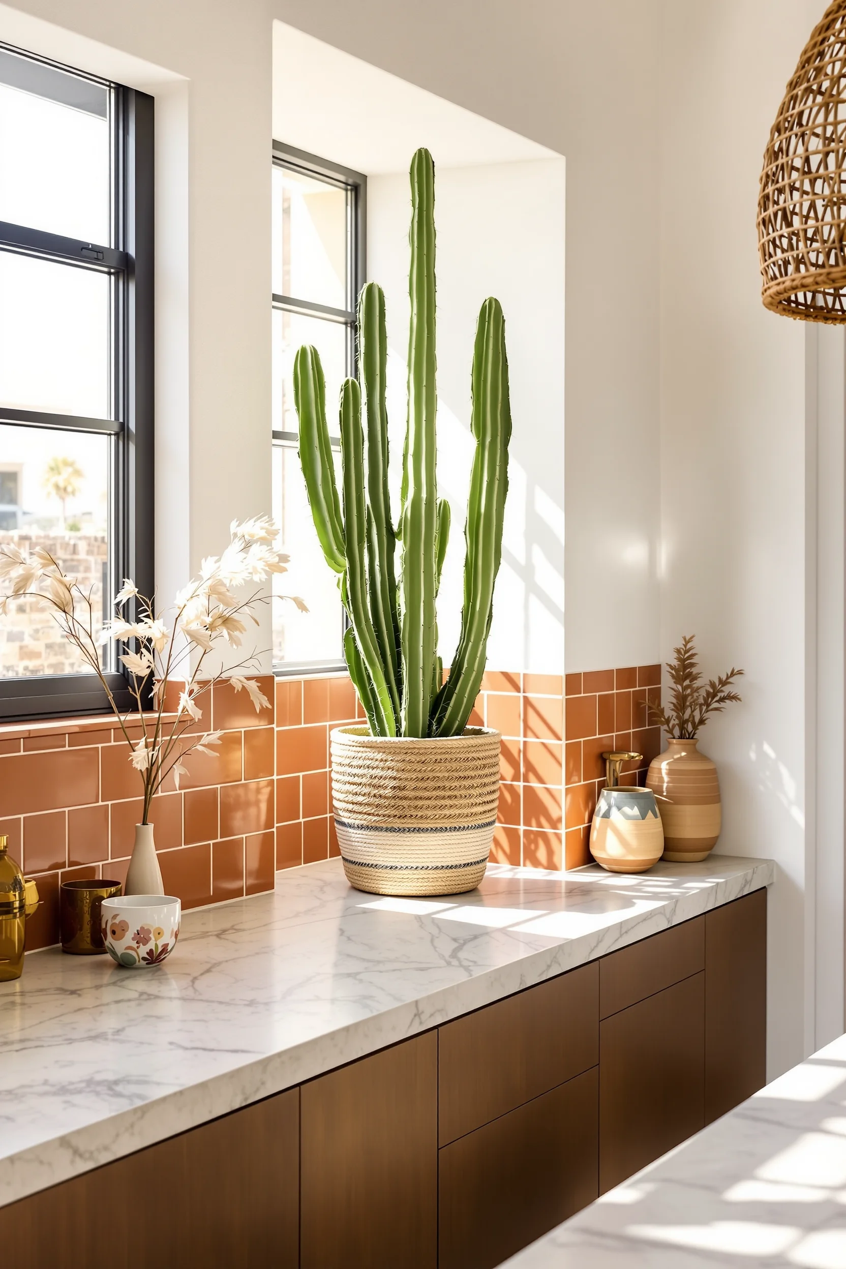 desert outdoor kitchen inspiration with large cactus plant ceramic bowl golden hour lighting and black window frame