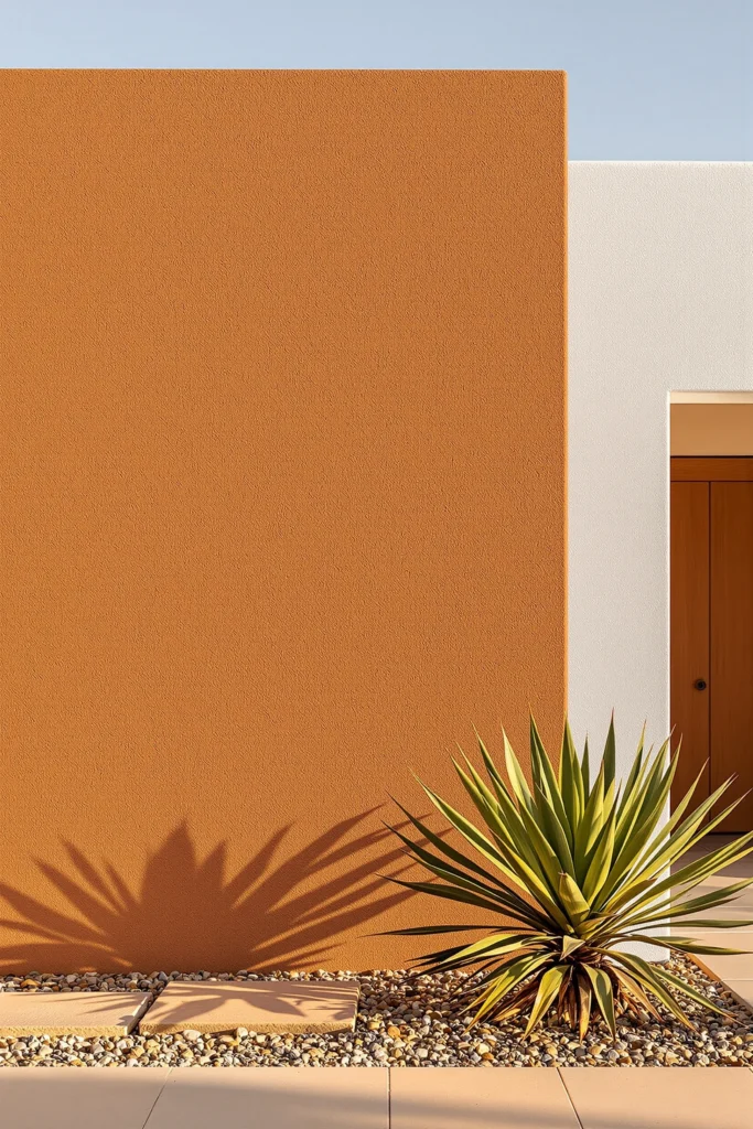 desert style home exterior ideas featuring adobe textured wall with terracotta surface and white stucco accent during golden hour