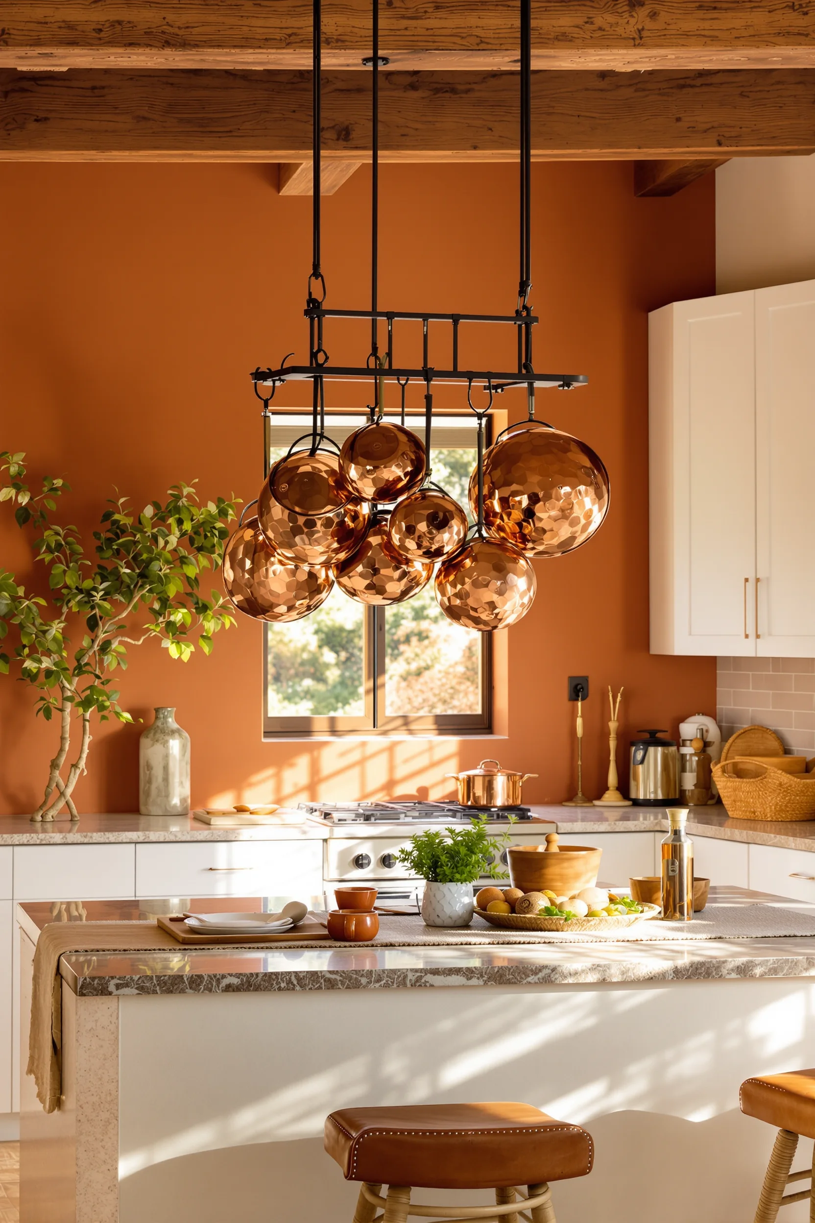 desert style kitchen aesthetics displaying copper pots stone countertop terracotta accent wall in golden hour light