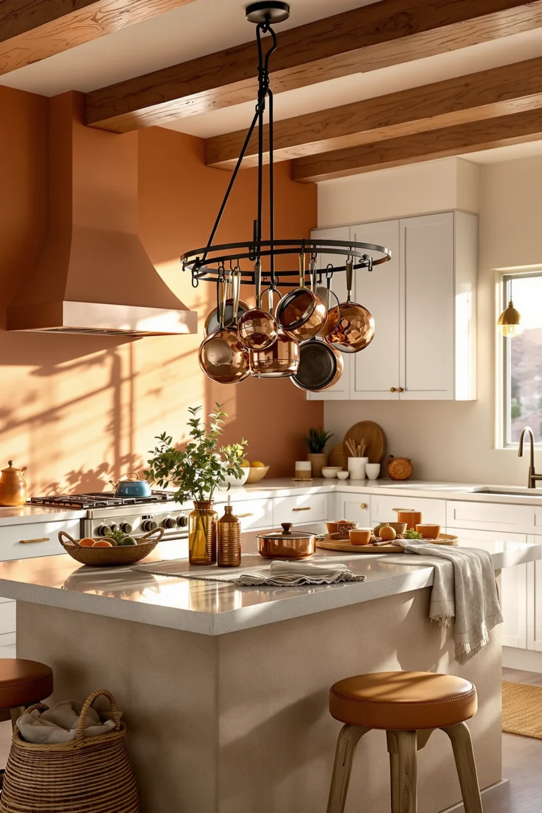 desert style kitchen ideas featuring copper pot rack over stone island with terracotta walls and natural sunlight