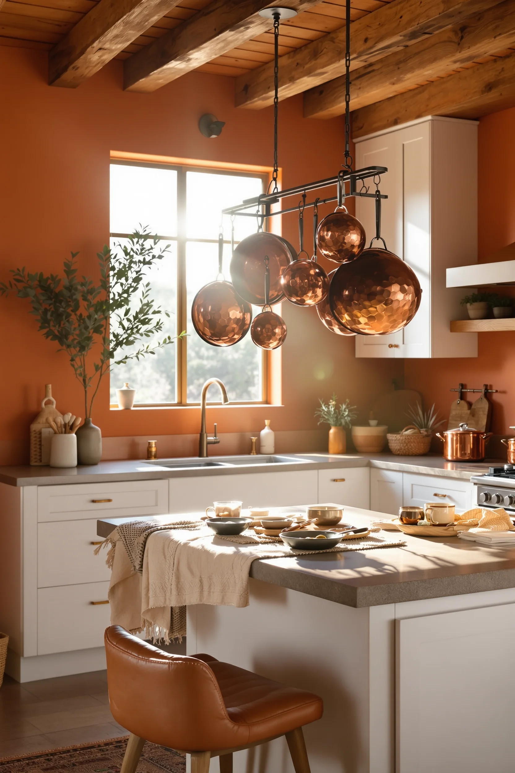 desert style kitchen inspiration with dramatic copper rack leather bar stool woven basket and warm southwestern colors
