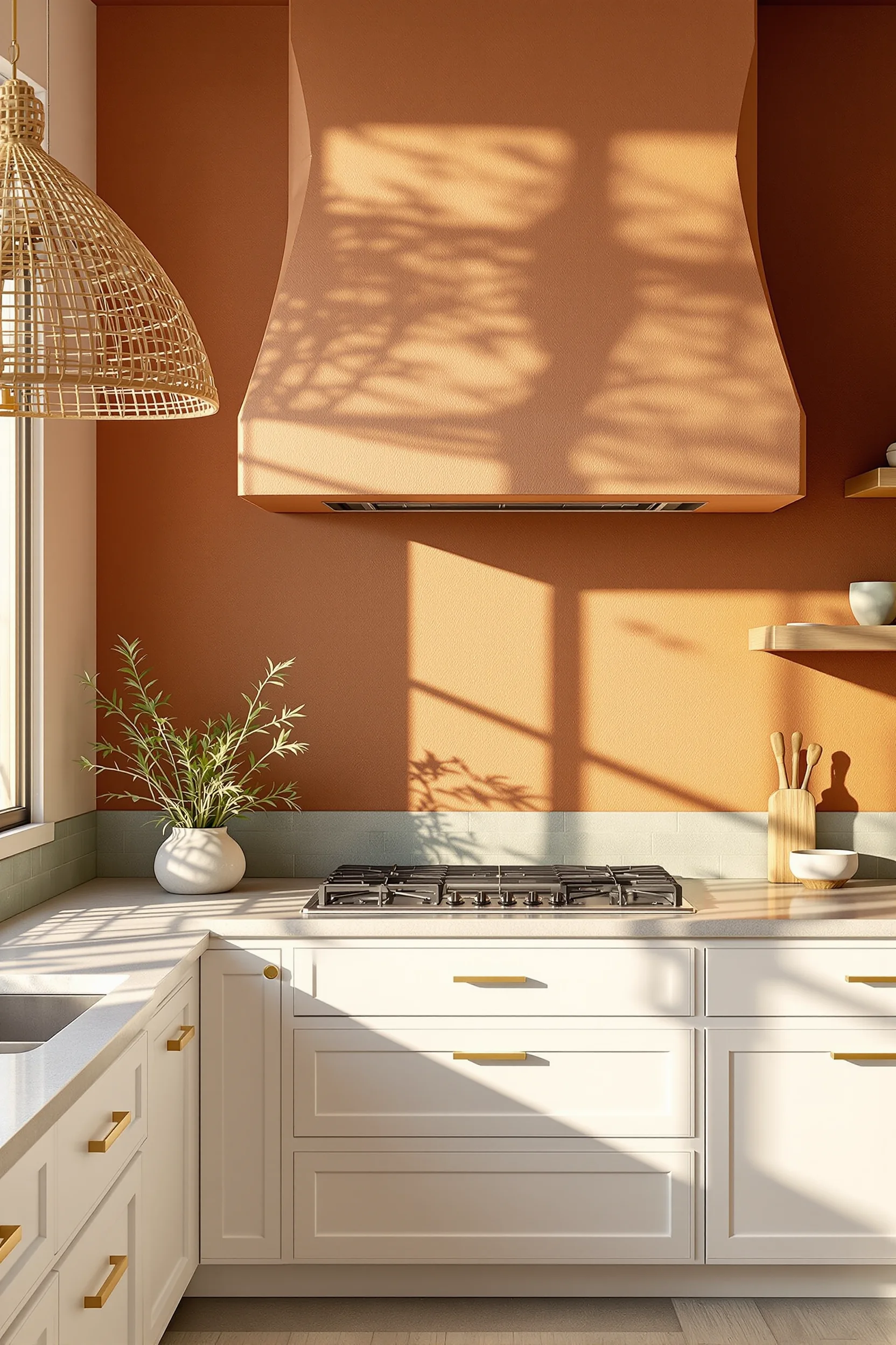 desert theme kitchen aesthetics displaying warm terracotta texture contrasting crisp white cabinetry with golden hour sunlight streaming through window