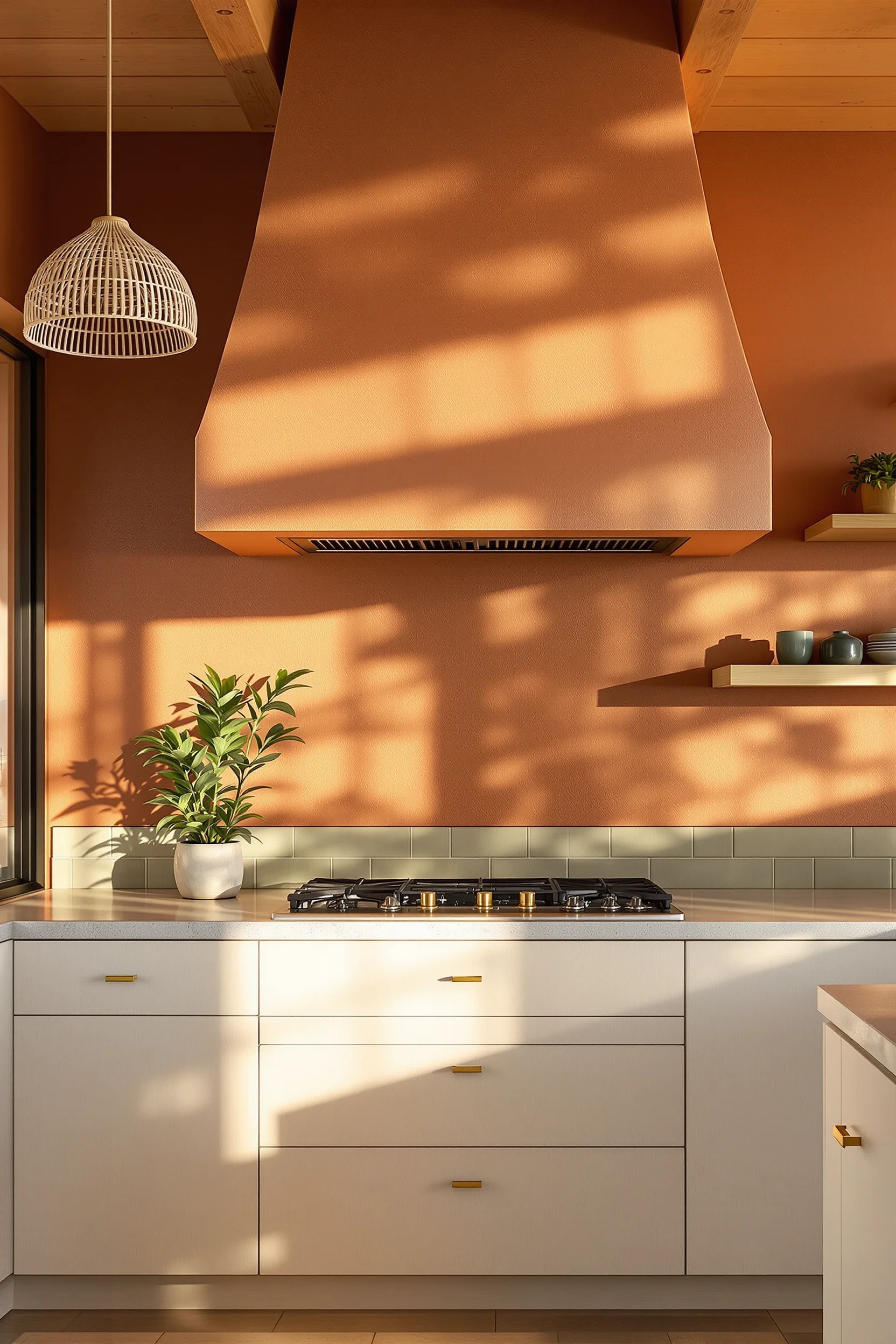 desert theme kitchen designs showcasing textured earthen walls brass hardware and woven pendant light with succulent accent