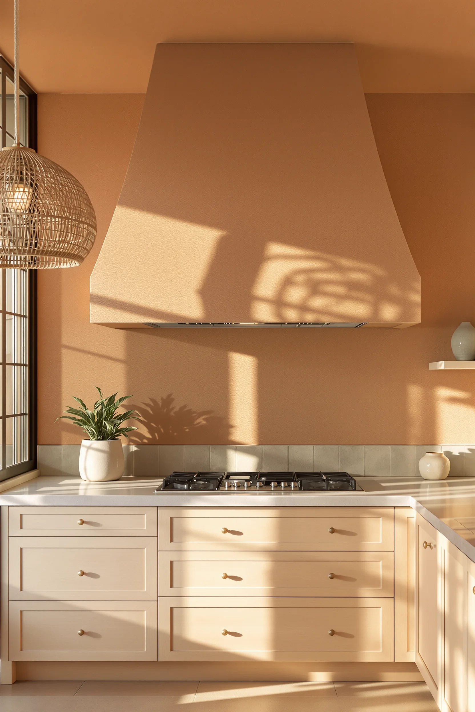 desert theme kitchen inspiration with hand troweled plaster hood sage tile backsplash and minimal ceramic display on floating shelf