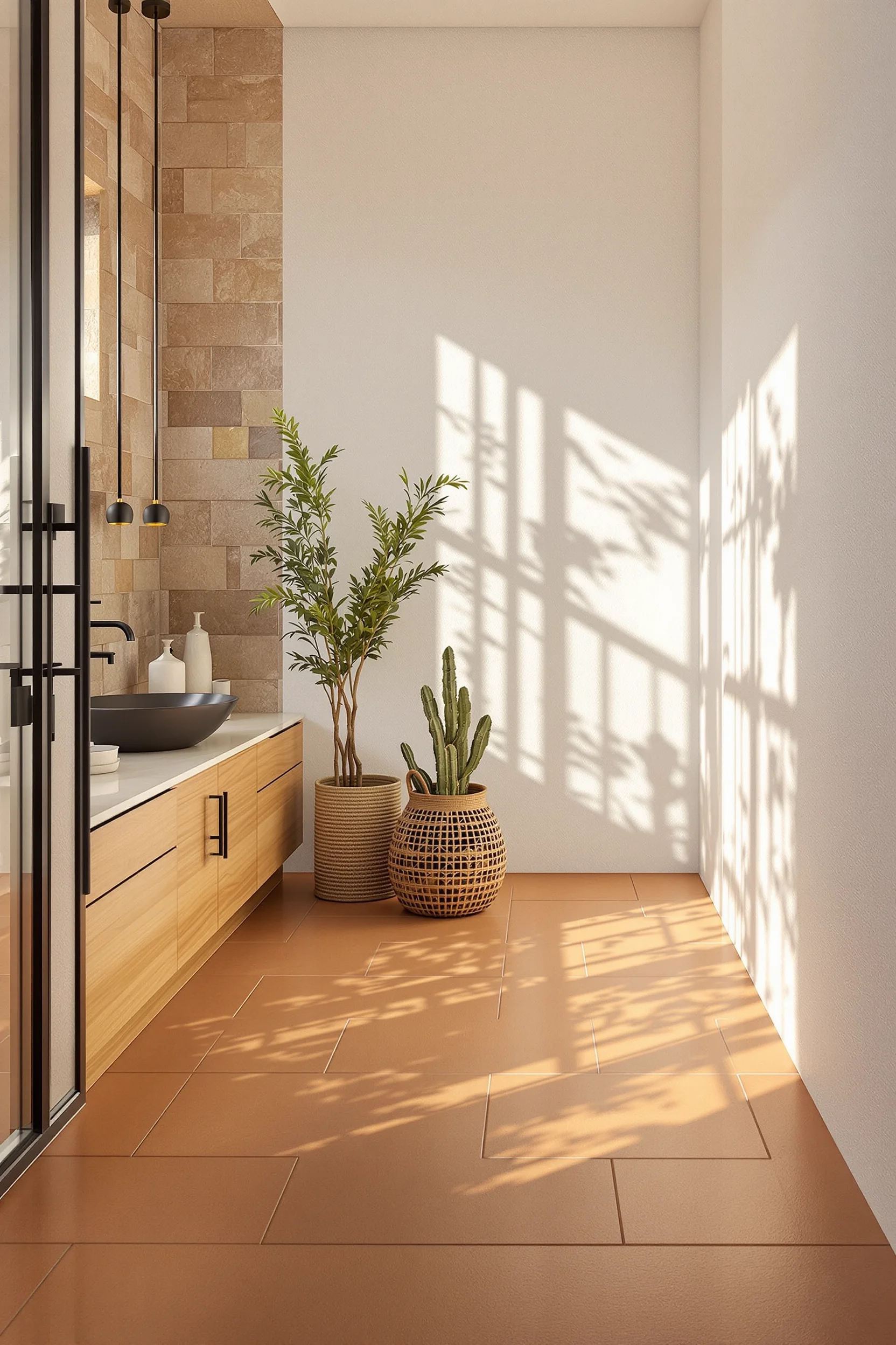 desert themed bathroom ideas featuring oversized terracotta floor tiles with matte black fixtures and natural stone accent wall