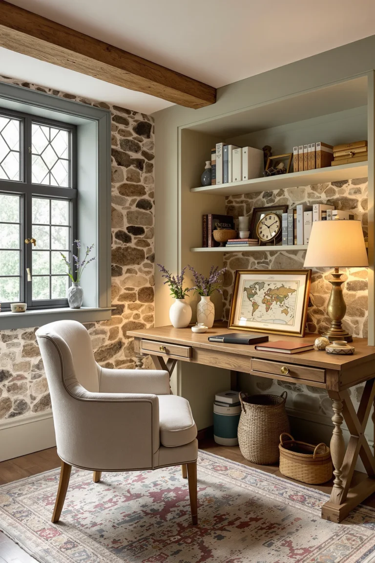 english cottage office designs showing reclaimed oak beam overhead with vintage brass lamp and linen reading chair