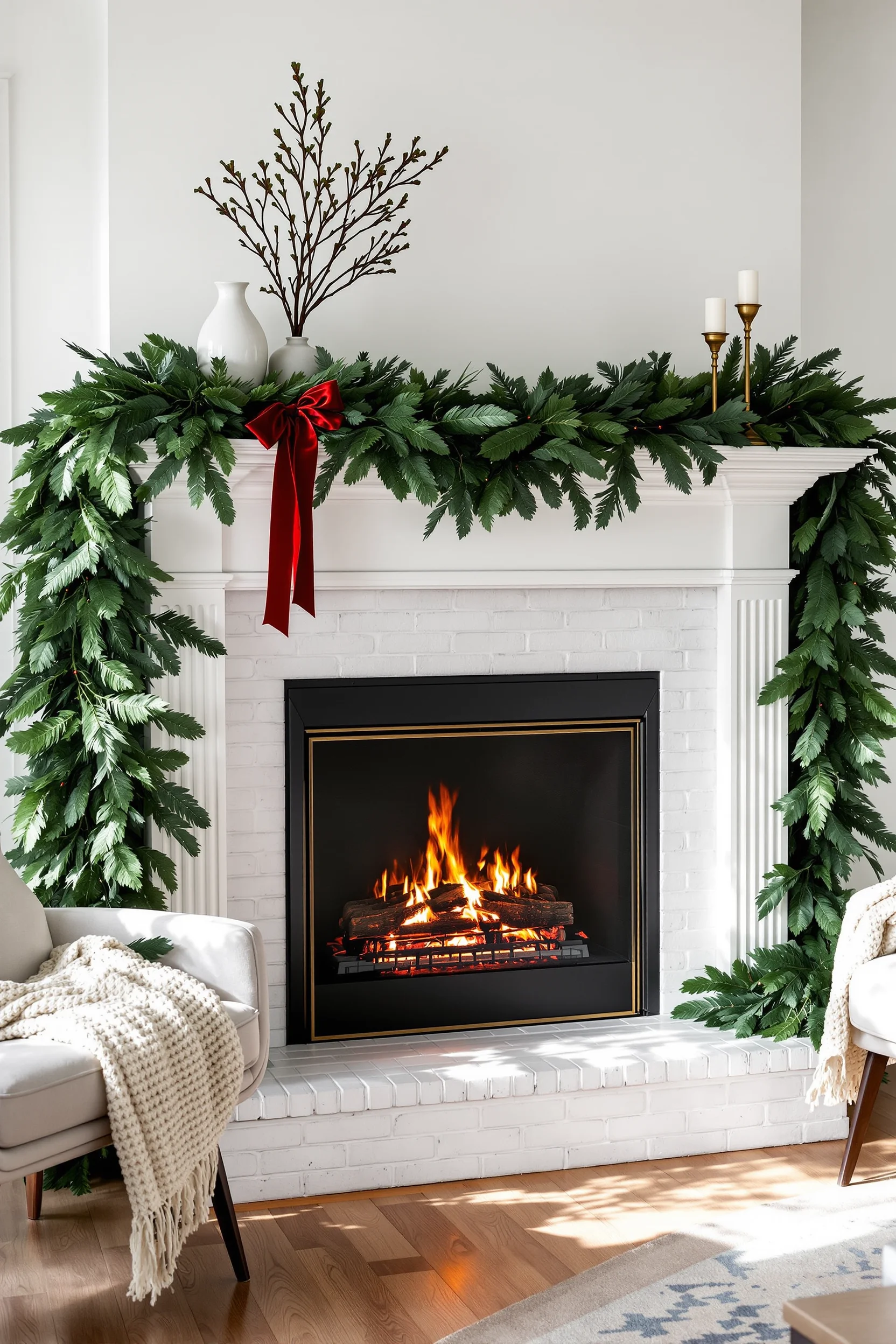 fireplace christmas inspiration with brass candlestick holder natural morning light and cream knit throw on nearby armchair